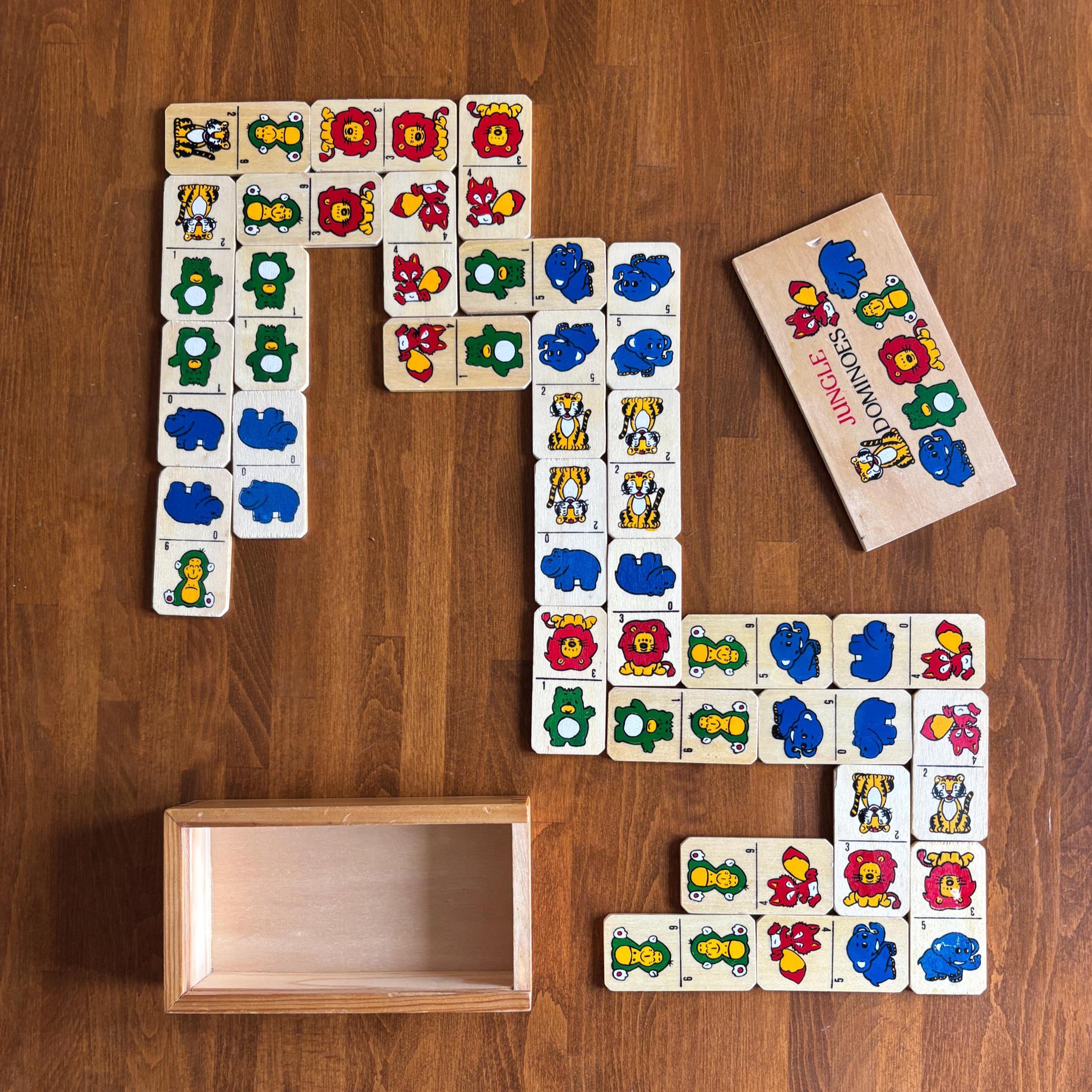 Vintage Wooden Jungle Dominoes Game | Animal Picture Dominoes in Sliding Box | Children’s Toy
