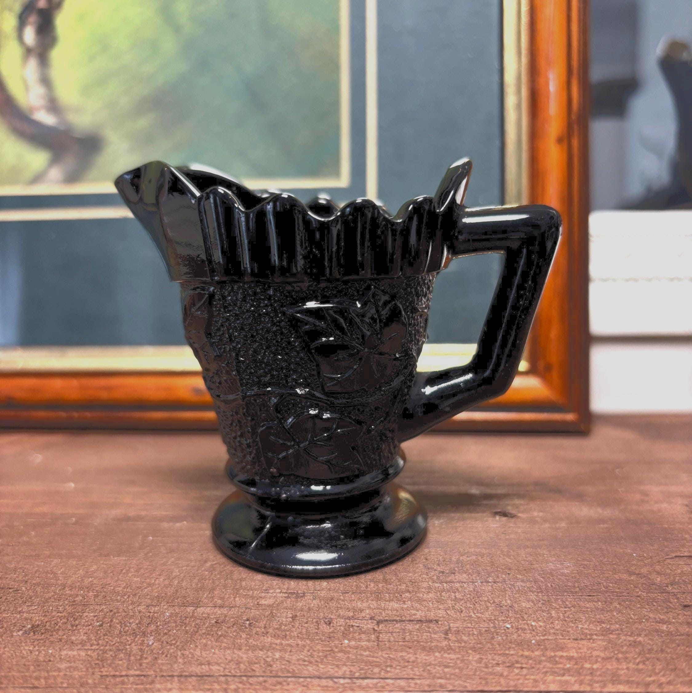 Vintage Black Pressed Glass Creamer Grape Pattern Pedestal Milk Jug