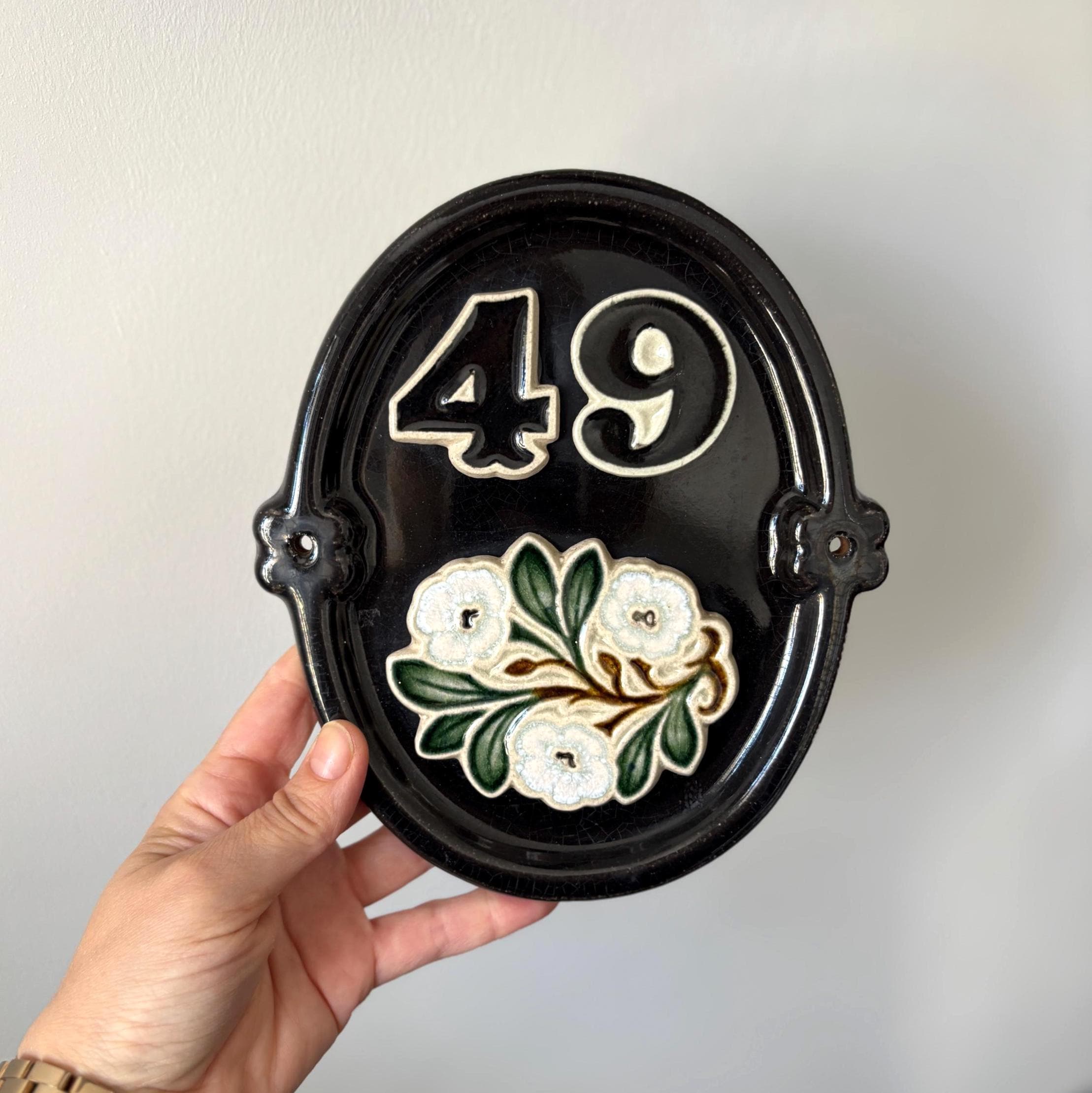 Vintage Ceramic House Number 49 Plaque Floral Door Number Sign Wall Hanging