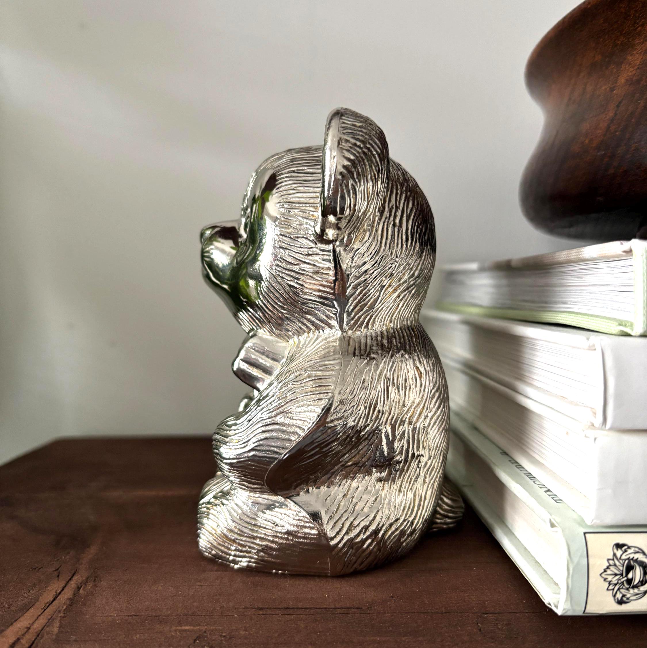Vintage Silver Plated Teddy Bear Money Box Coin Bank Nursery Decor Baby Gift Keepsake