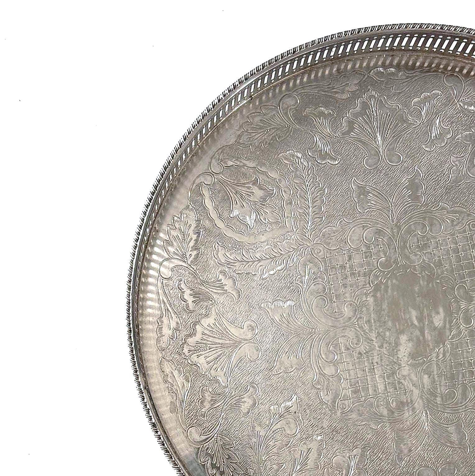 Vintage English Silver Plate on Copper Gallery Tray Ornate Round Serving Tray