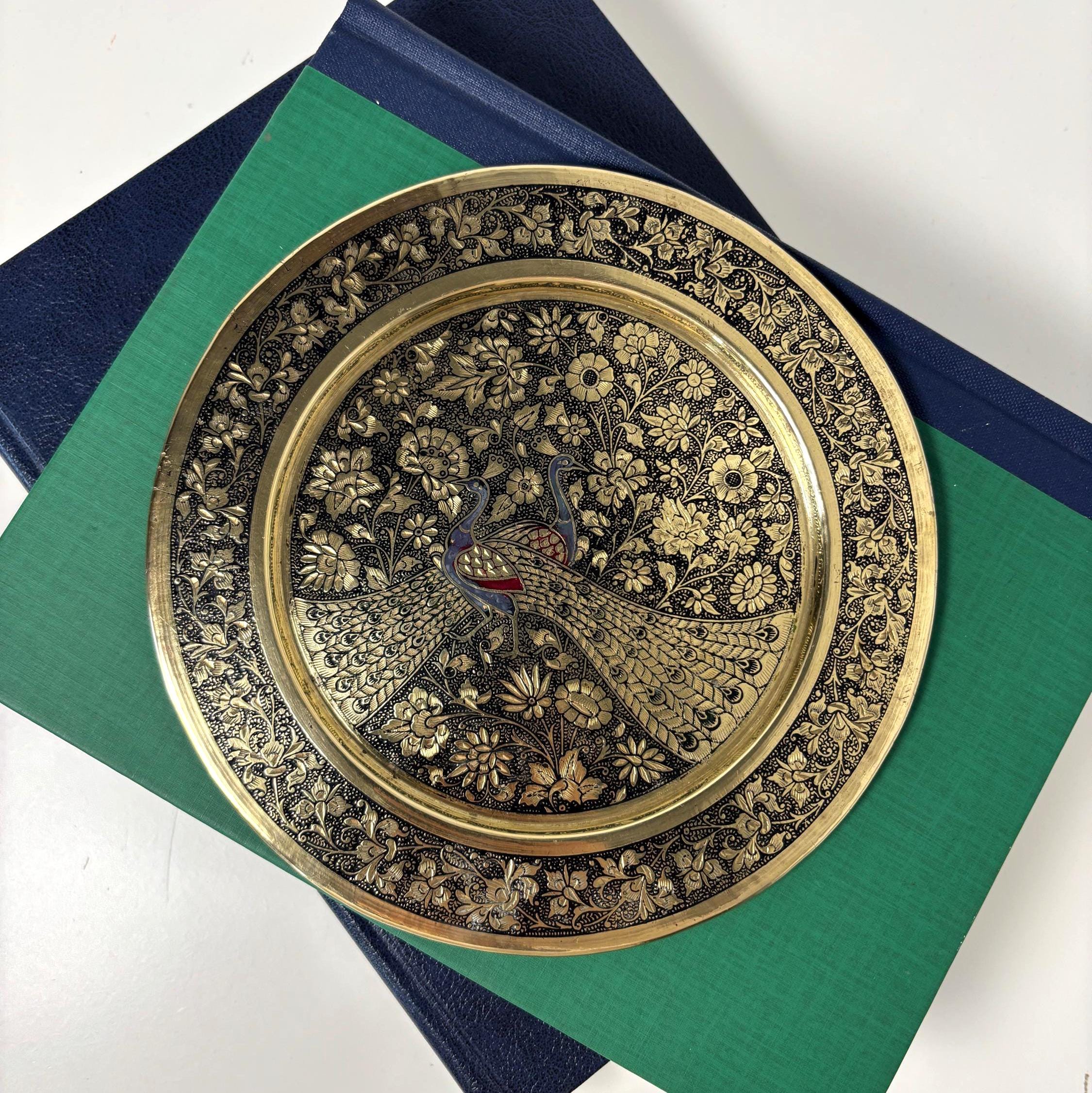 Vintage Brass Peacock Plate Etched Floral Indian Wall Hanging Decor