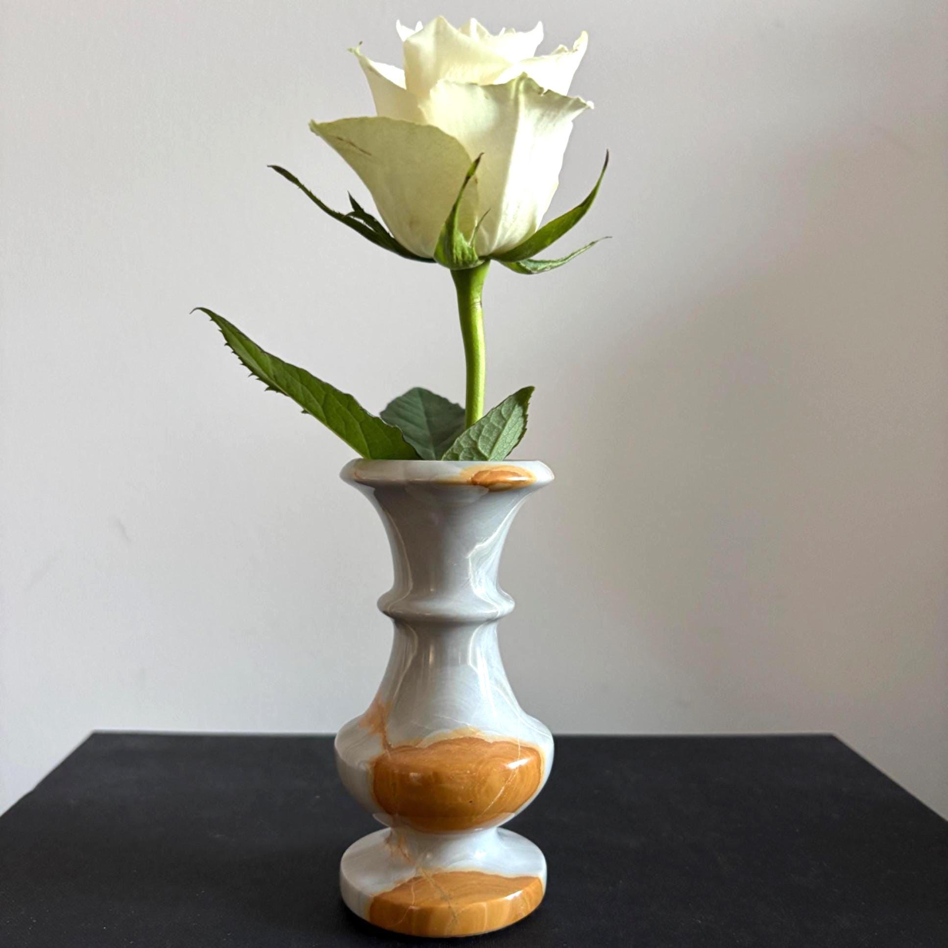 Hand-Carved Onyx Bud Vase: Grey & Amber Turkish Stone