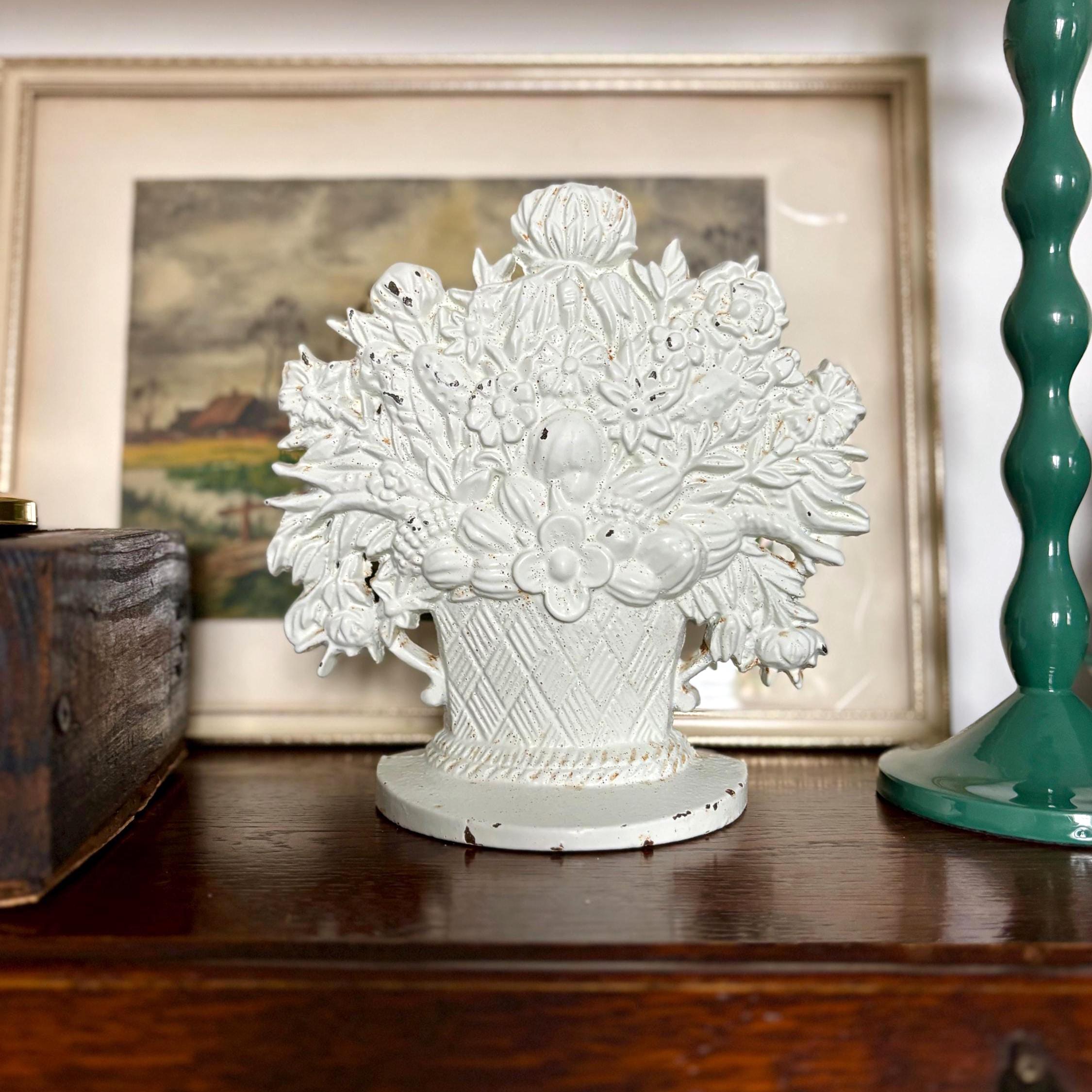 Vintage Cast Iron Flower Basket Doorstop Distressed White Shabby Chic Cottage Farmhouse Decor