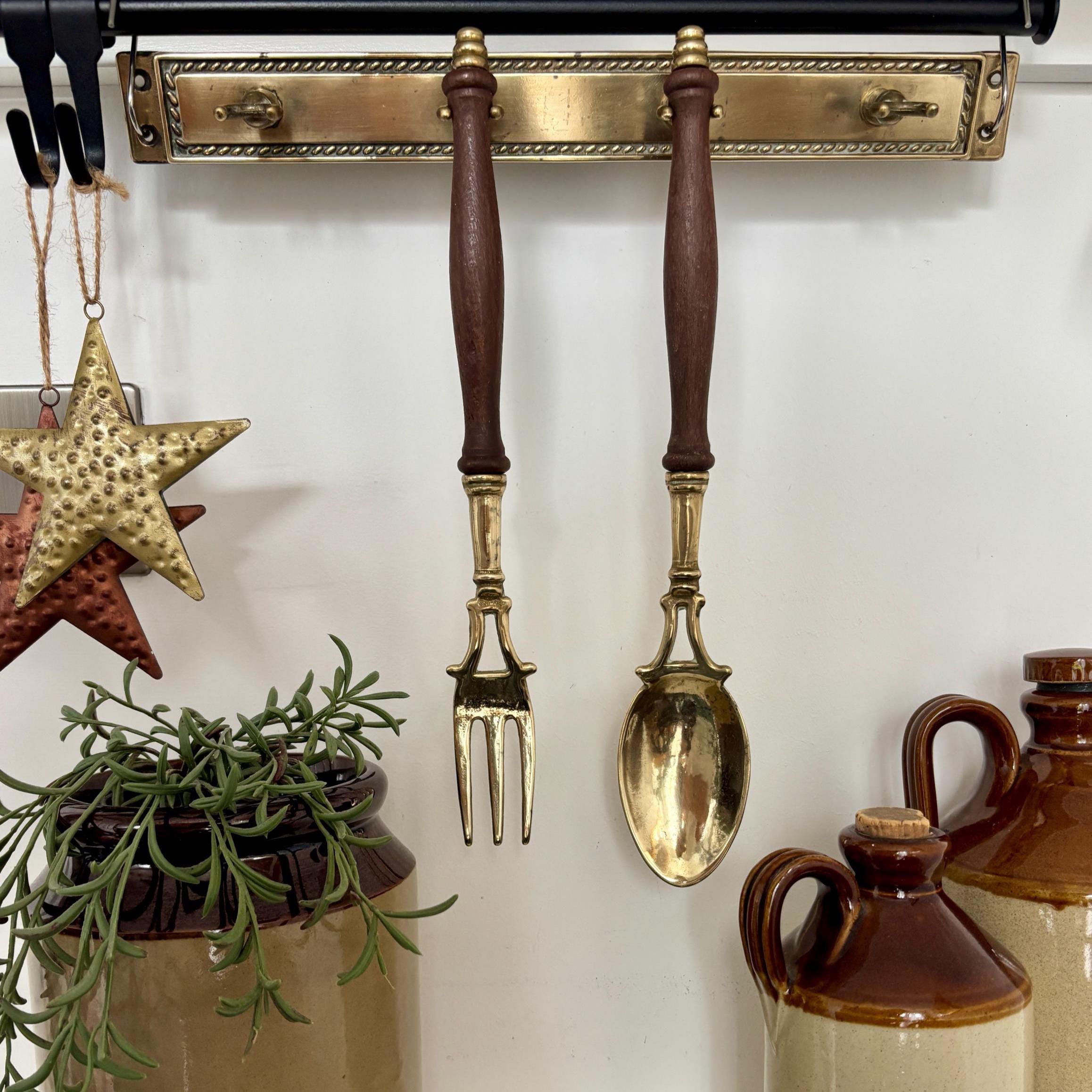 Vintage French Brass Kitchen Utensil Set: Fork & Spoon Wall Decor