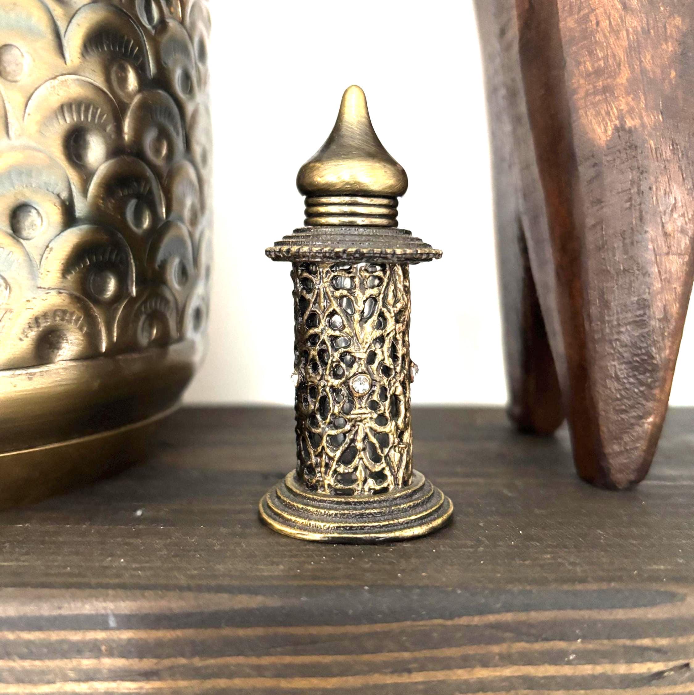Indian Mini Attar Perfume Bottle Filigree Brass Tone Dabber Wand Rhinestones
