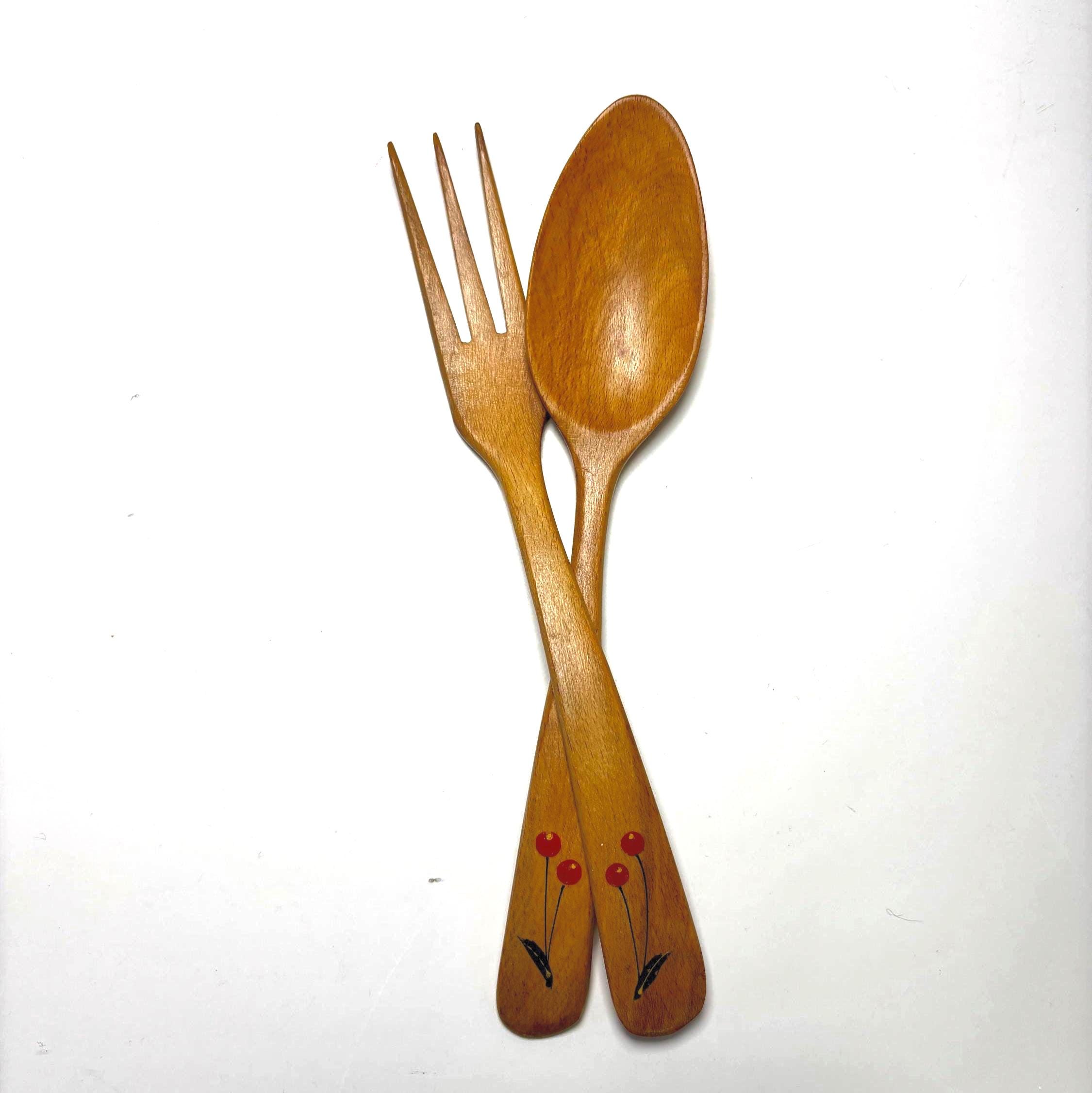 Vintage Wooden Salad Server Set Hand Painted Spoon Fork Kitchen Serving Utensils Pair Decor