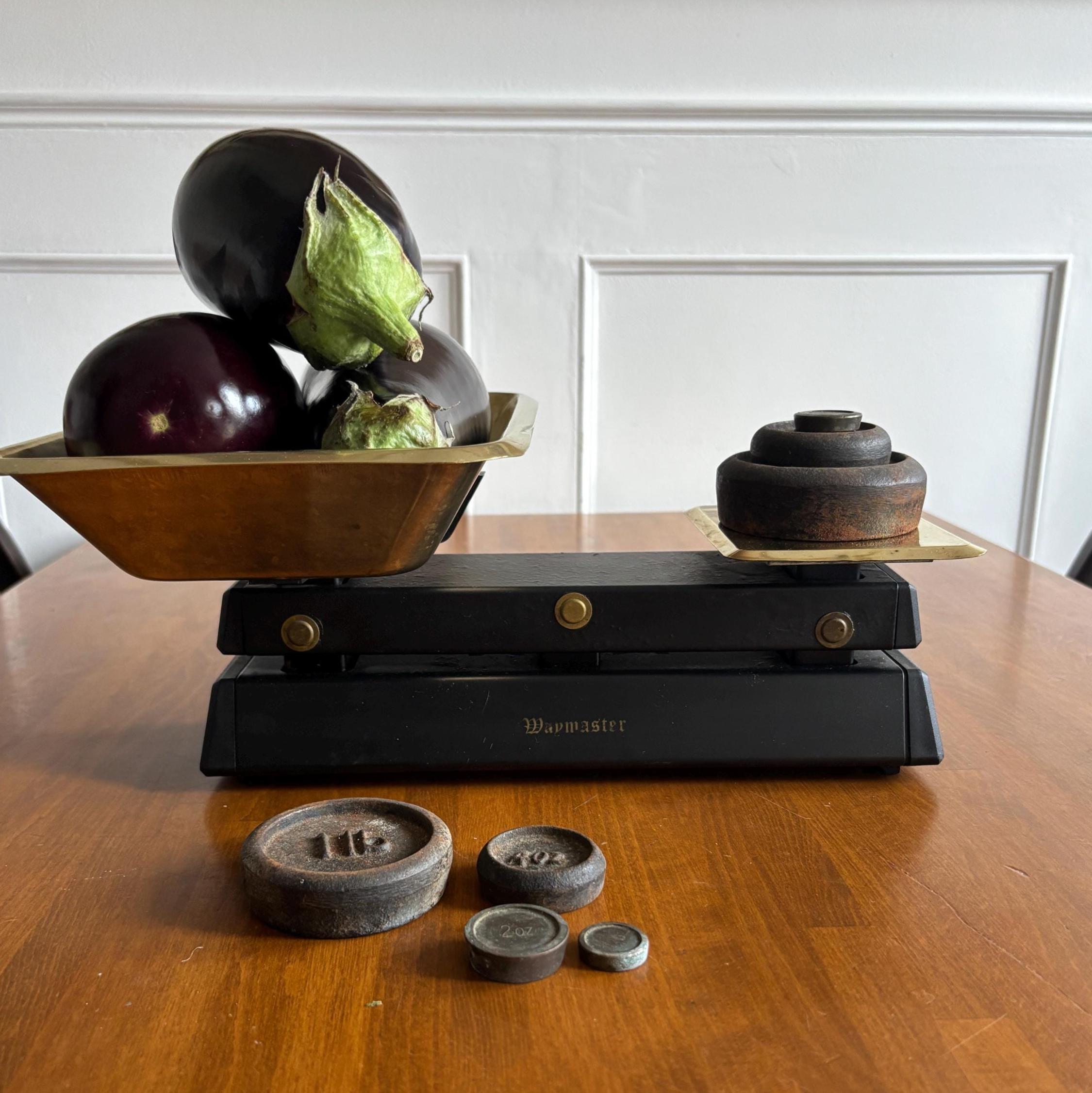 Vintage Waymaster Kitchen Scales with Brass Pan & 7 Original Weights
