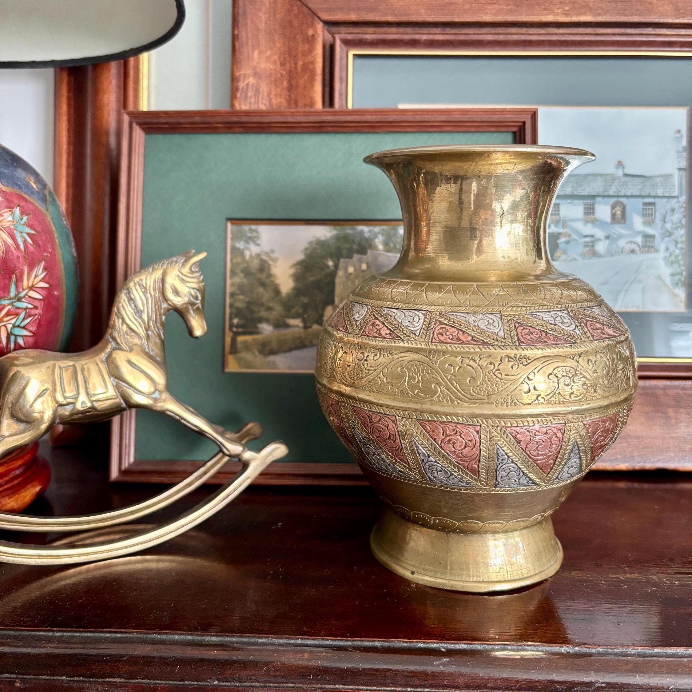 Vintage Indian Solid Brass Vase | Hand-Engraved Copper & White Metal Inlay