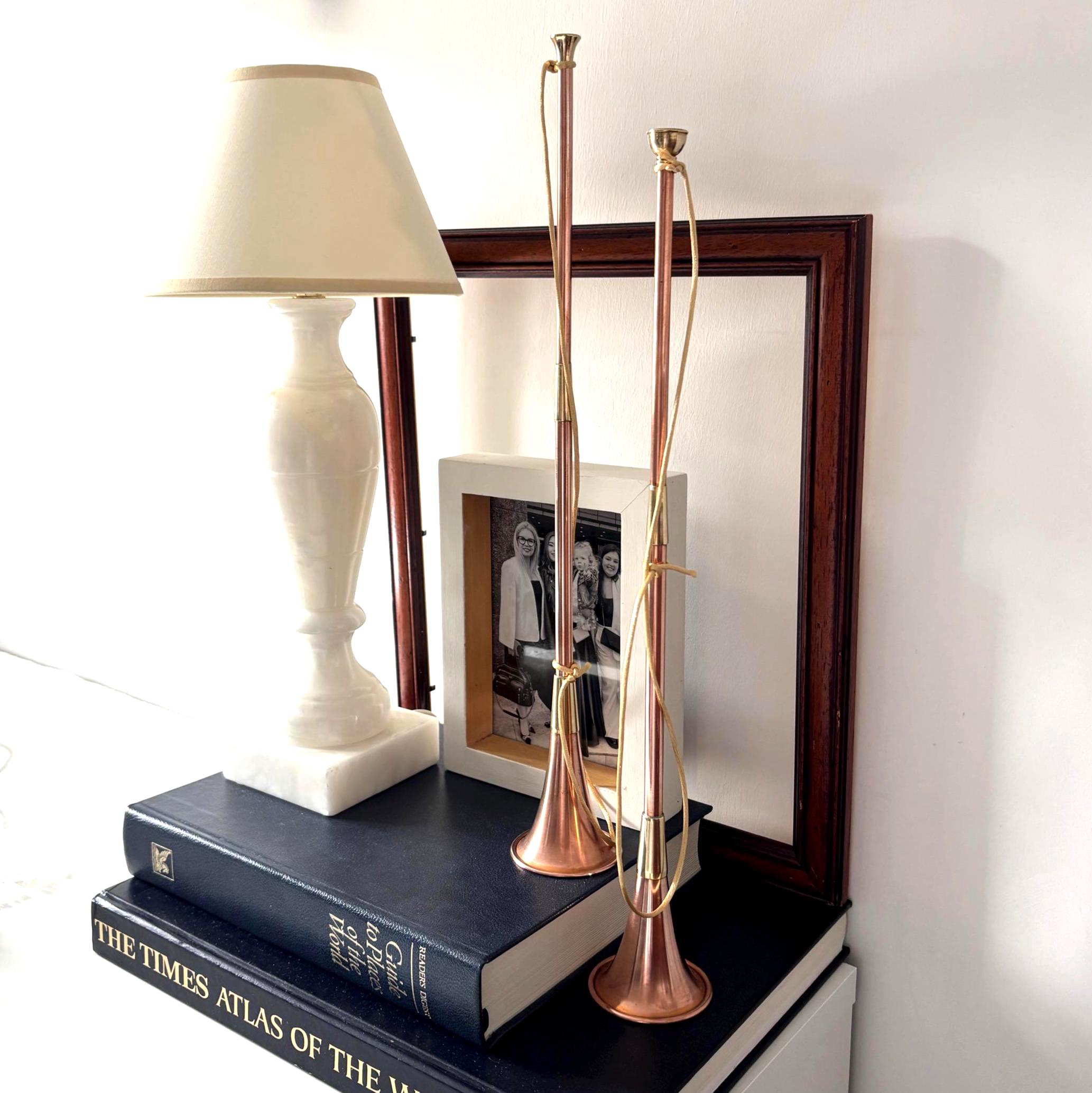 Vintage Copper & Brass Hunting Horn Wall Décor Pair 43cm Scandinavian Style
