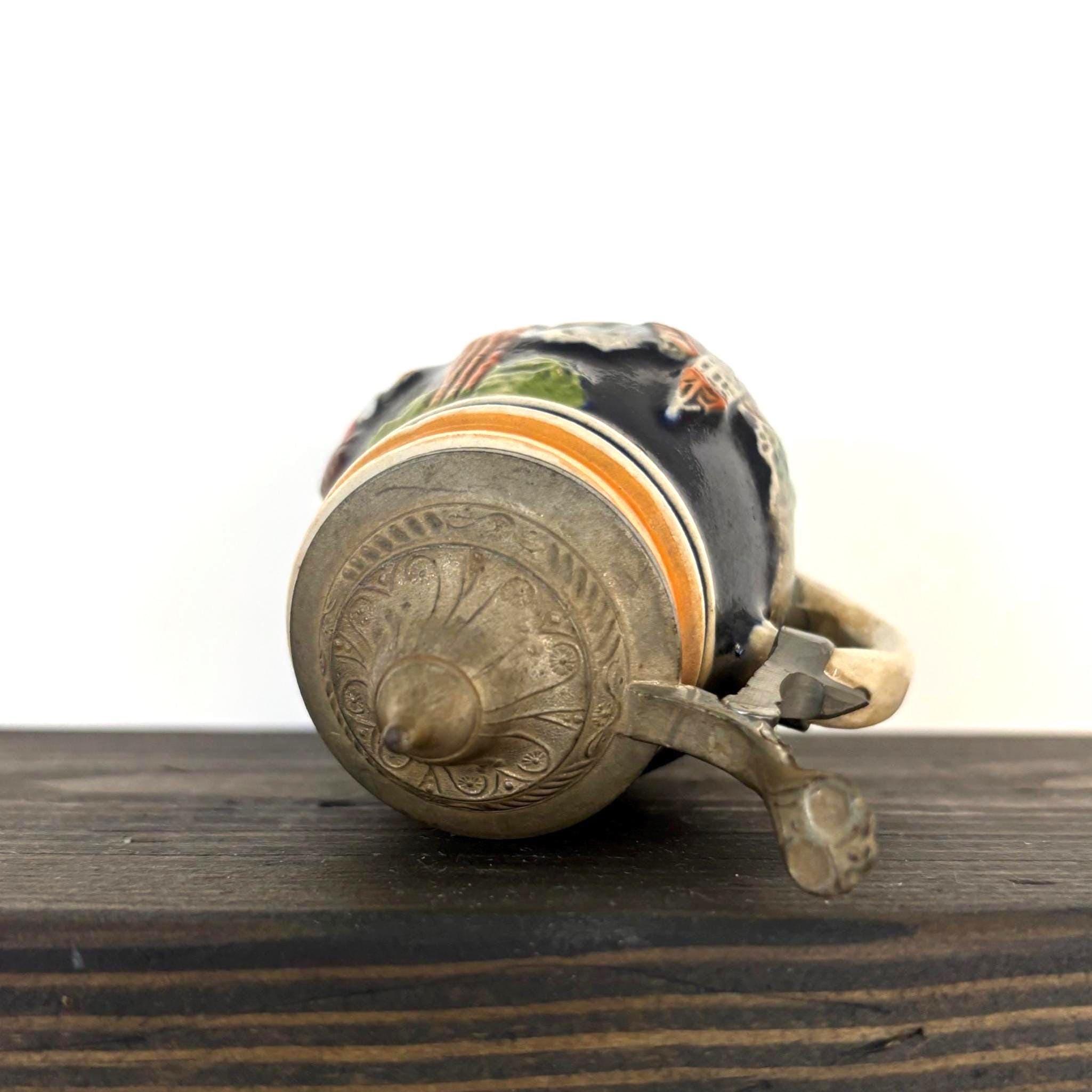 Small Vintage German Beer Stein with Pewter Lid | Hand-Painted Tavern Scene