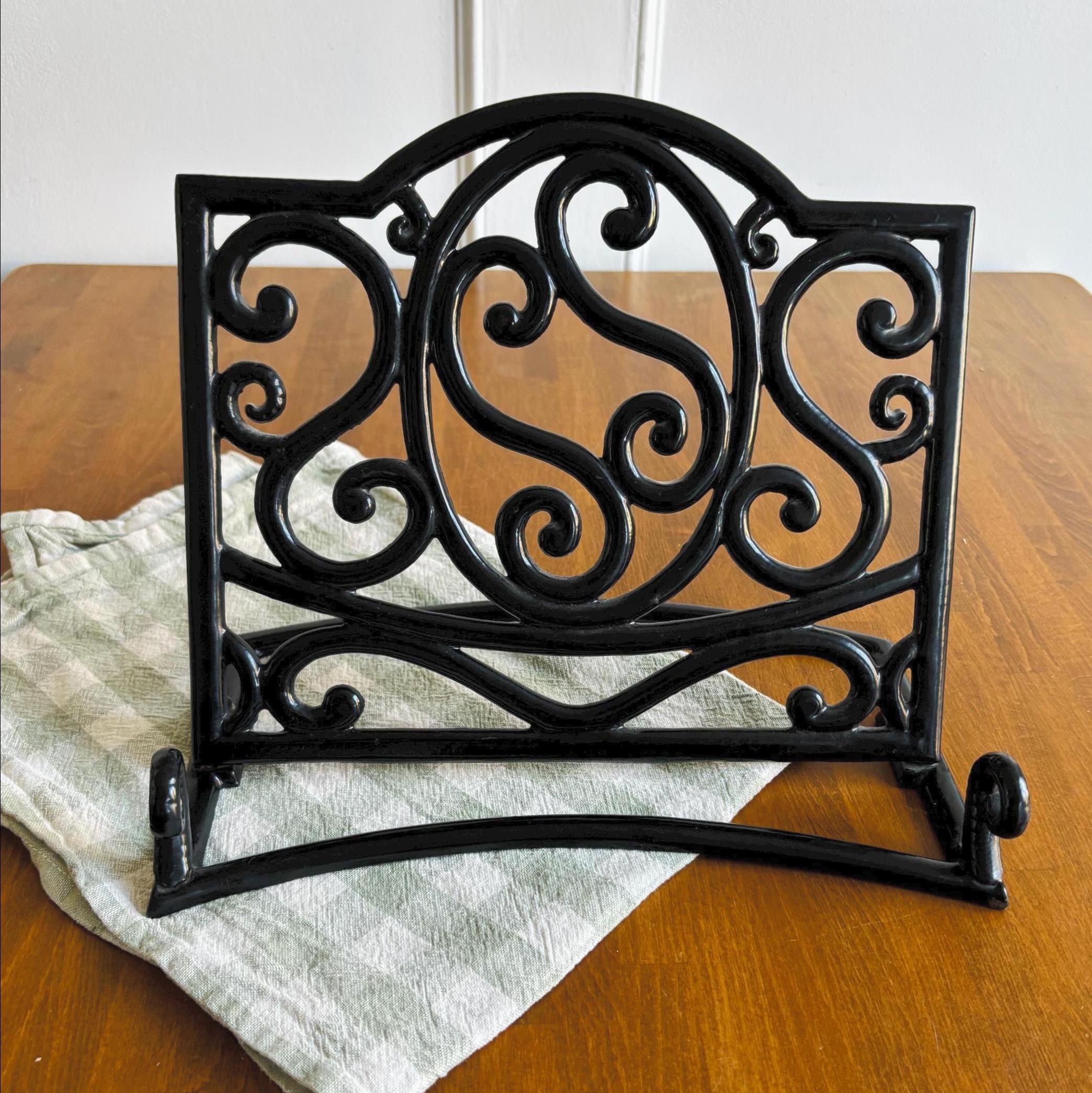 Vintage Wrought Iron Cookbook Stand Black Scrollwork Recipe Holder Kitchen Display Easel Decor