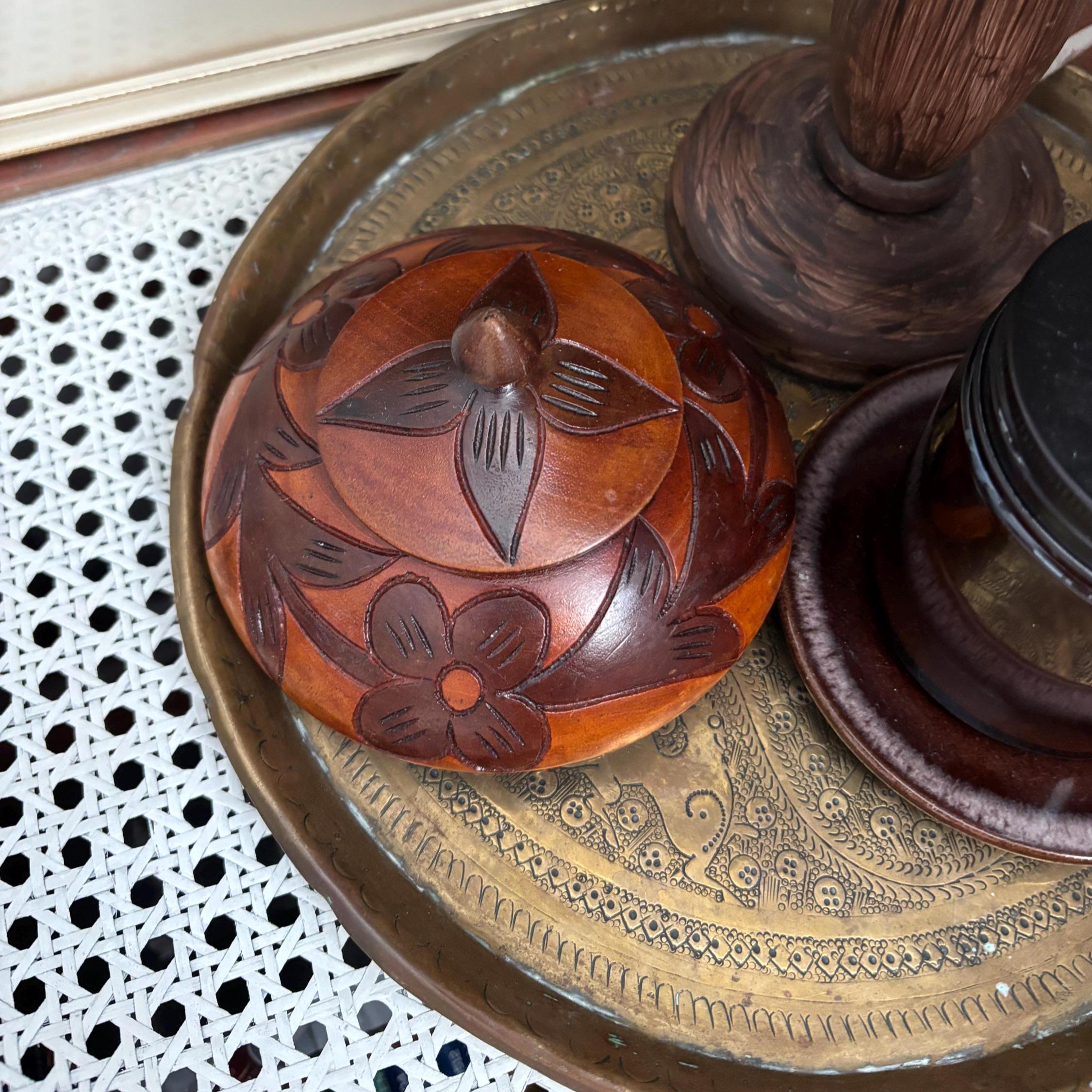 Vintage Hand-Carved Wooden Trinket Pot with Lid | Floral Folk Art | Two-Tone Hardwood