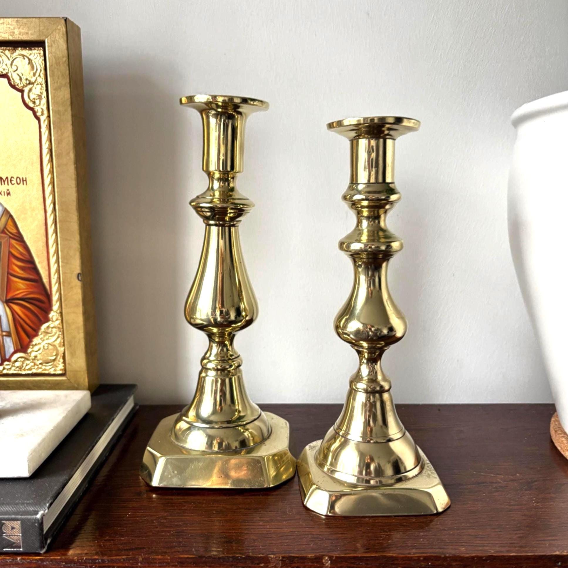 Vintage Brass Candlesticks Pair Traditional Candle Holders Classic Home Decor Mantel Table Centerpiece