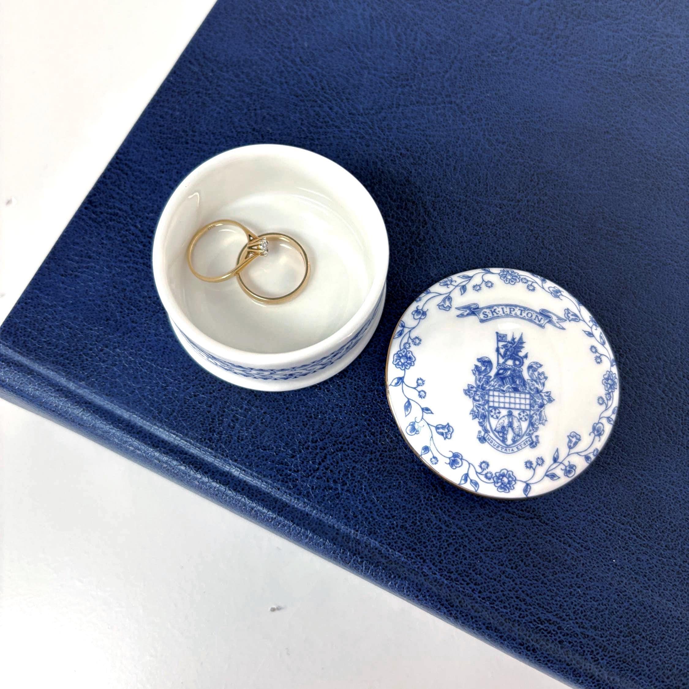 Vintage Skipton Bone China Trinket Box English Lidded Pot Blue White Floral Collectable