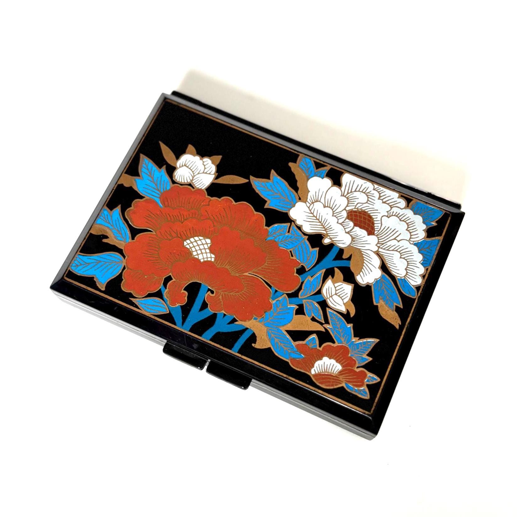 Vintage Floral Lacquer Style Compact Mirror Tissue Case Vanity Travel Accessory Gift