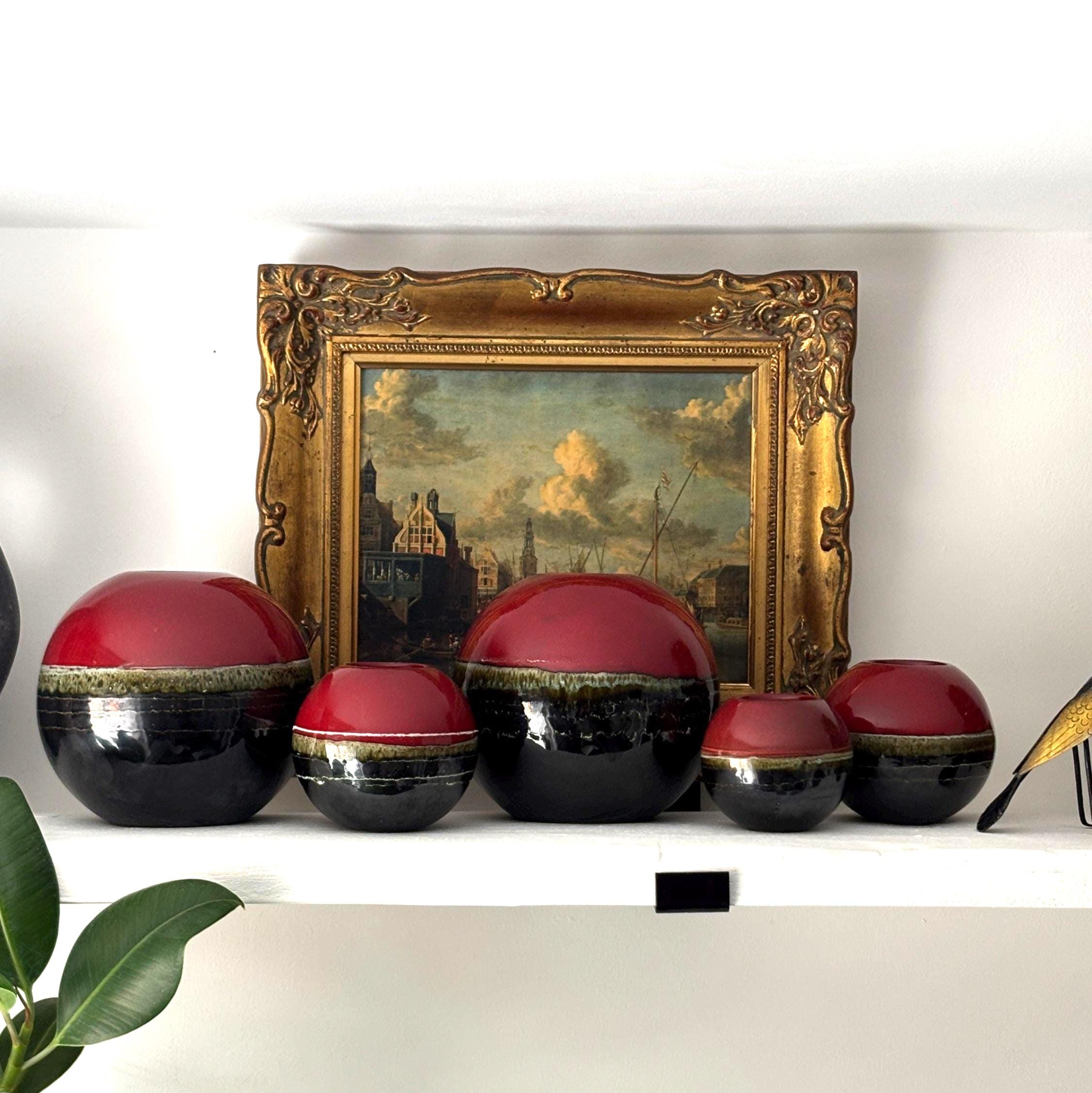 Vintage Portuguese Ceramic Candle Burners Set of 5 Red Black Glazed Tea-light Holders