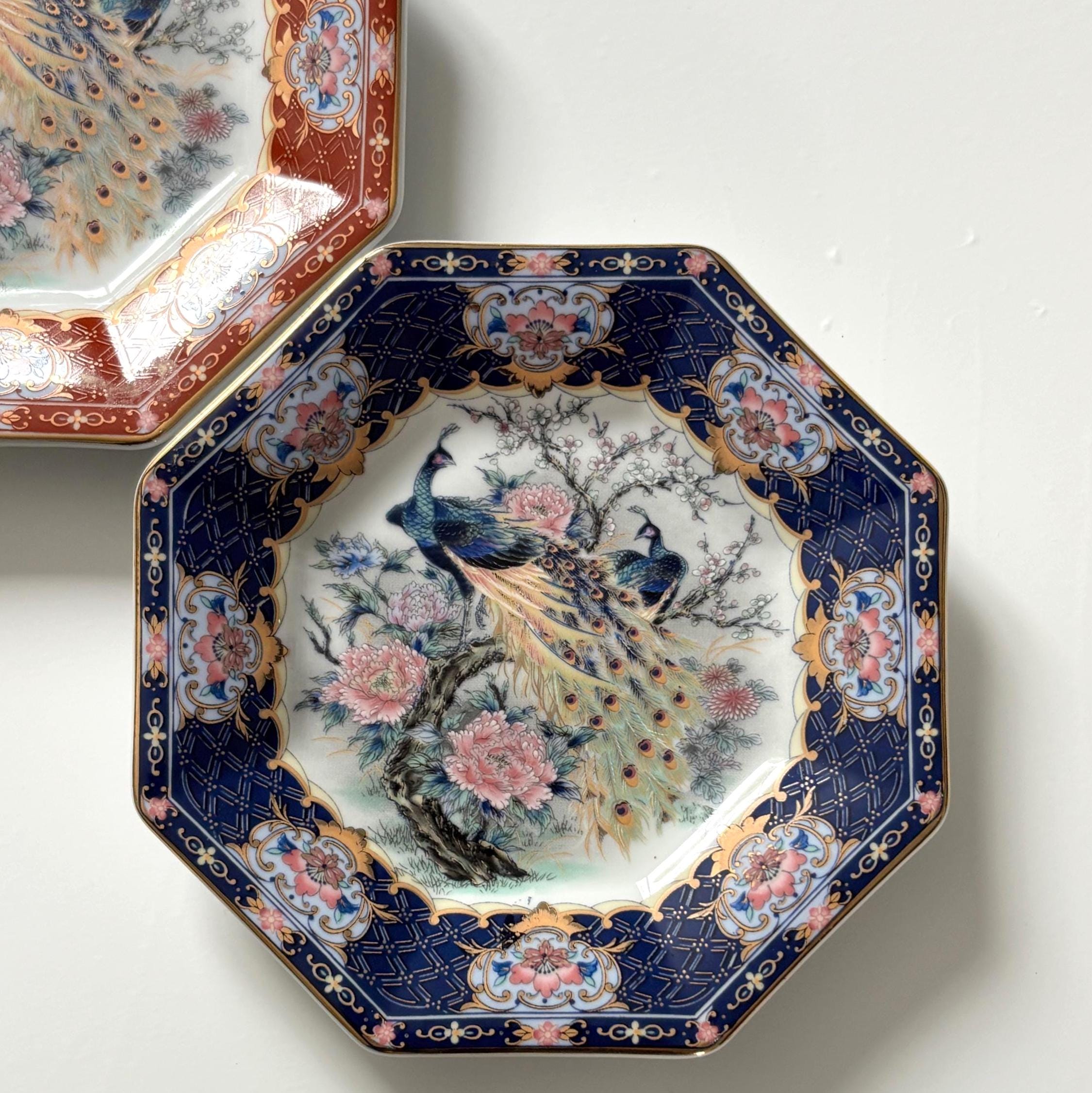 Pair Vintage Imperial Imari Peacock Wall Plates Japan Porcelain Hanging Plates Blue & Red