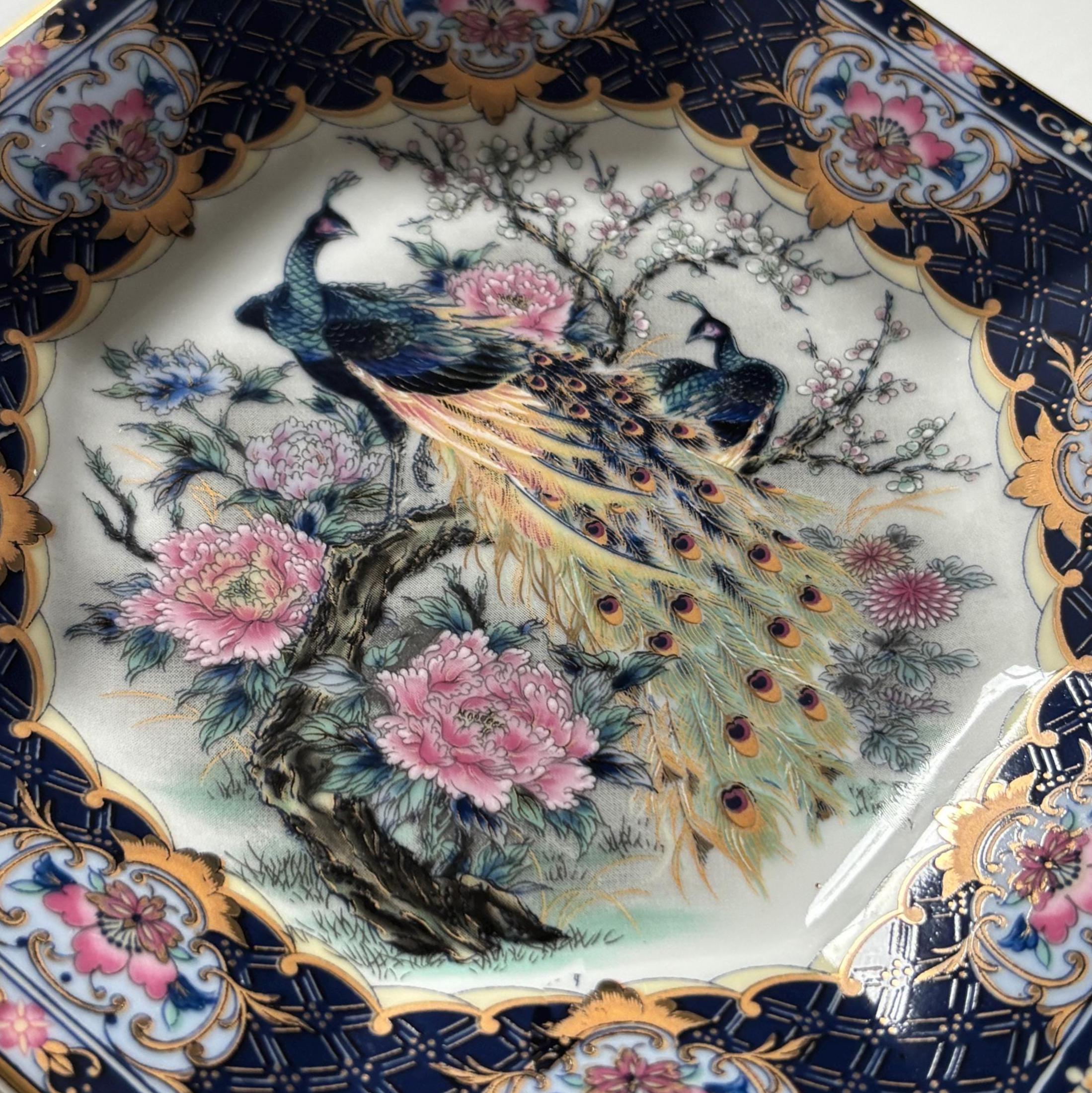 Pair Vintage Imperial Imari Peacock Wall Plates Japan Porcelain Hanging Plates Blue & Red