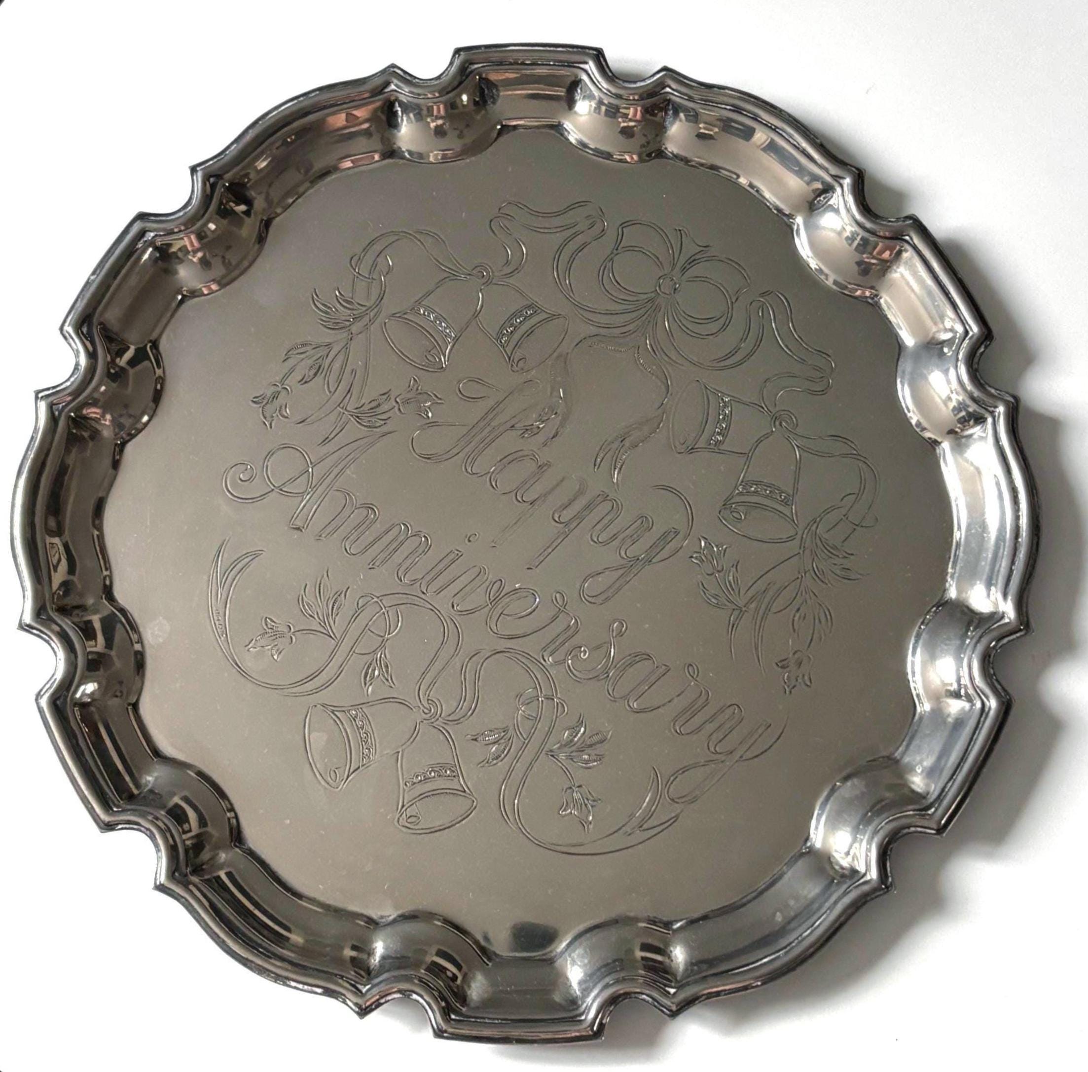 Vintage Cavalier Silver Plated Happy Anniversary Tray – Made in England – Decorative Wedding Bells Tray