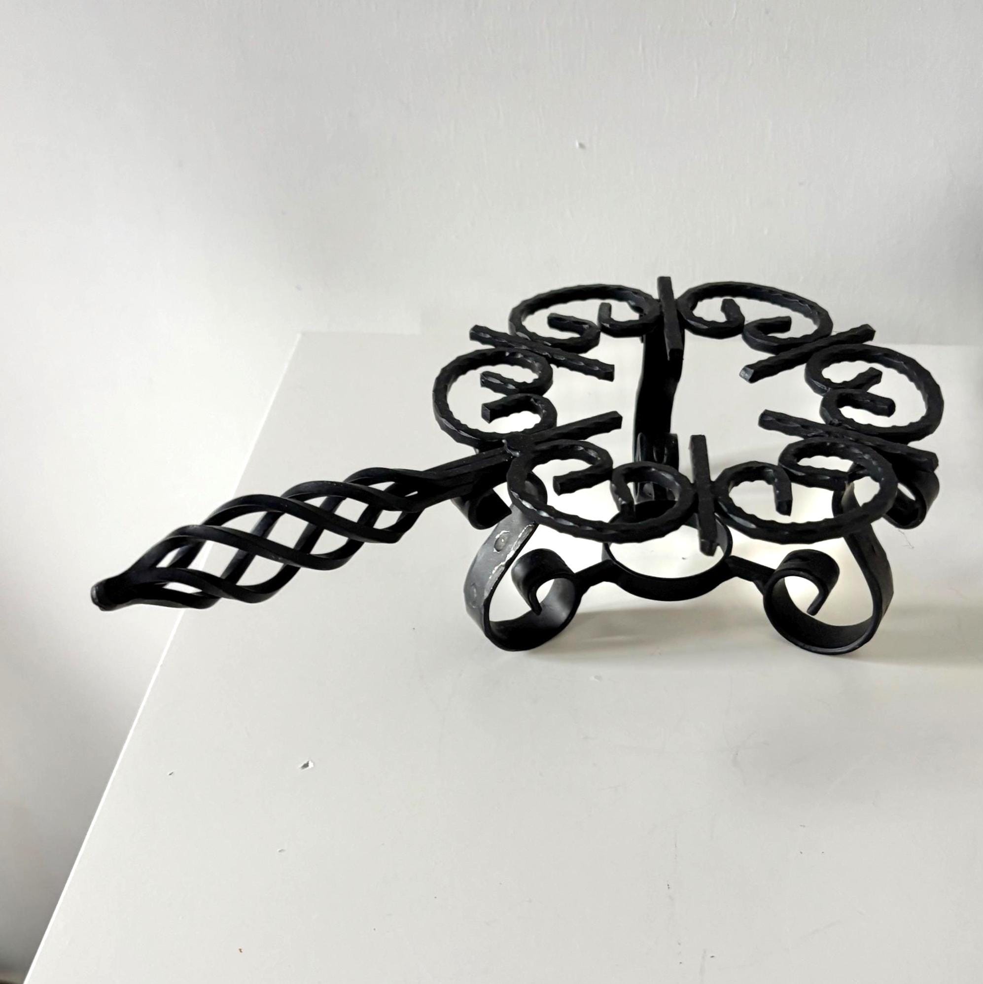 Vintage Wrought Iron Trivet Stand with Twisted Handle, Rustic Candle or Pot Holder