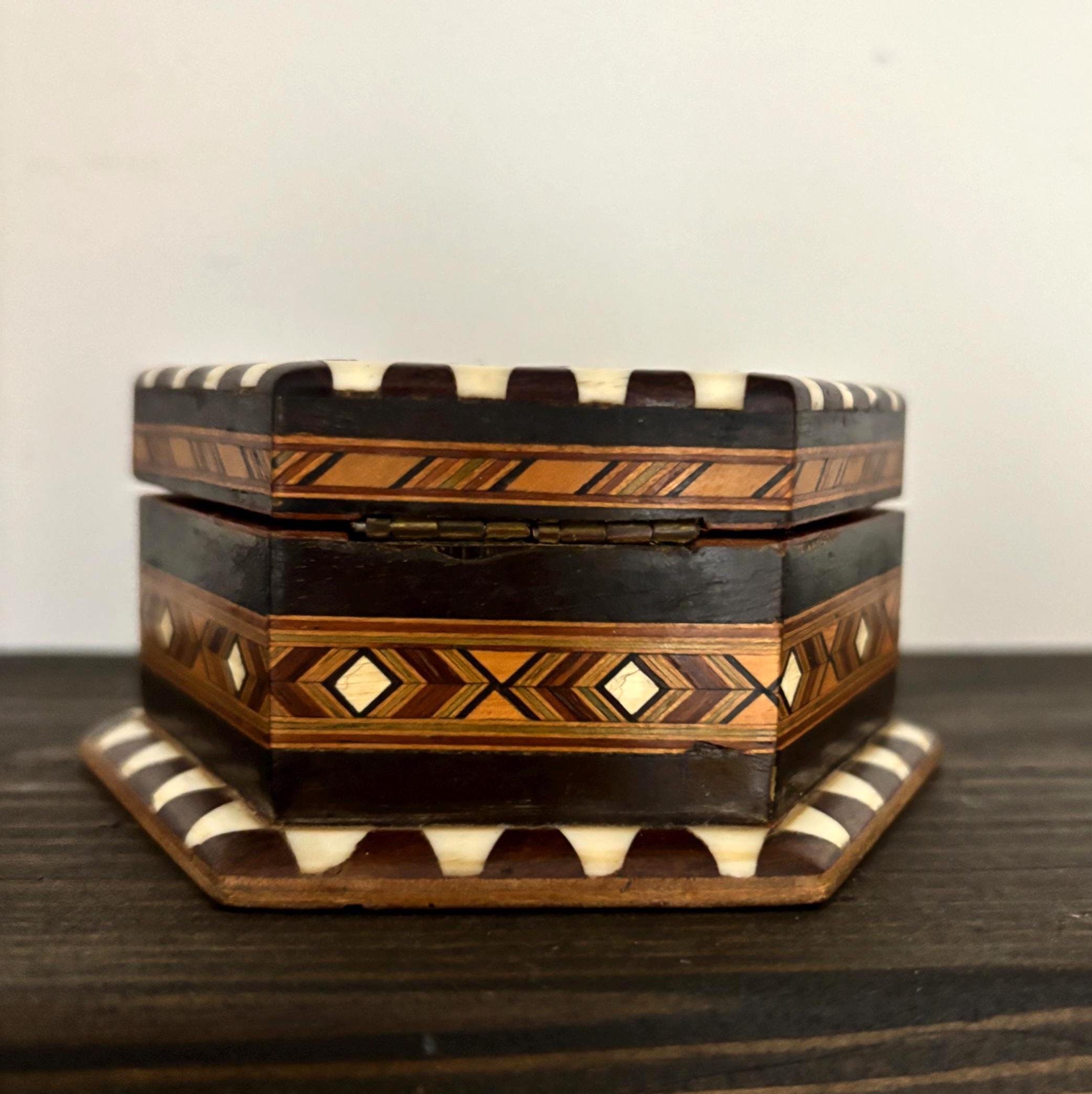 Vintage Spanish Marquetry Jewelry Box Tossa de Mar Costa Brava Wood Mosaic Hexagon