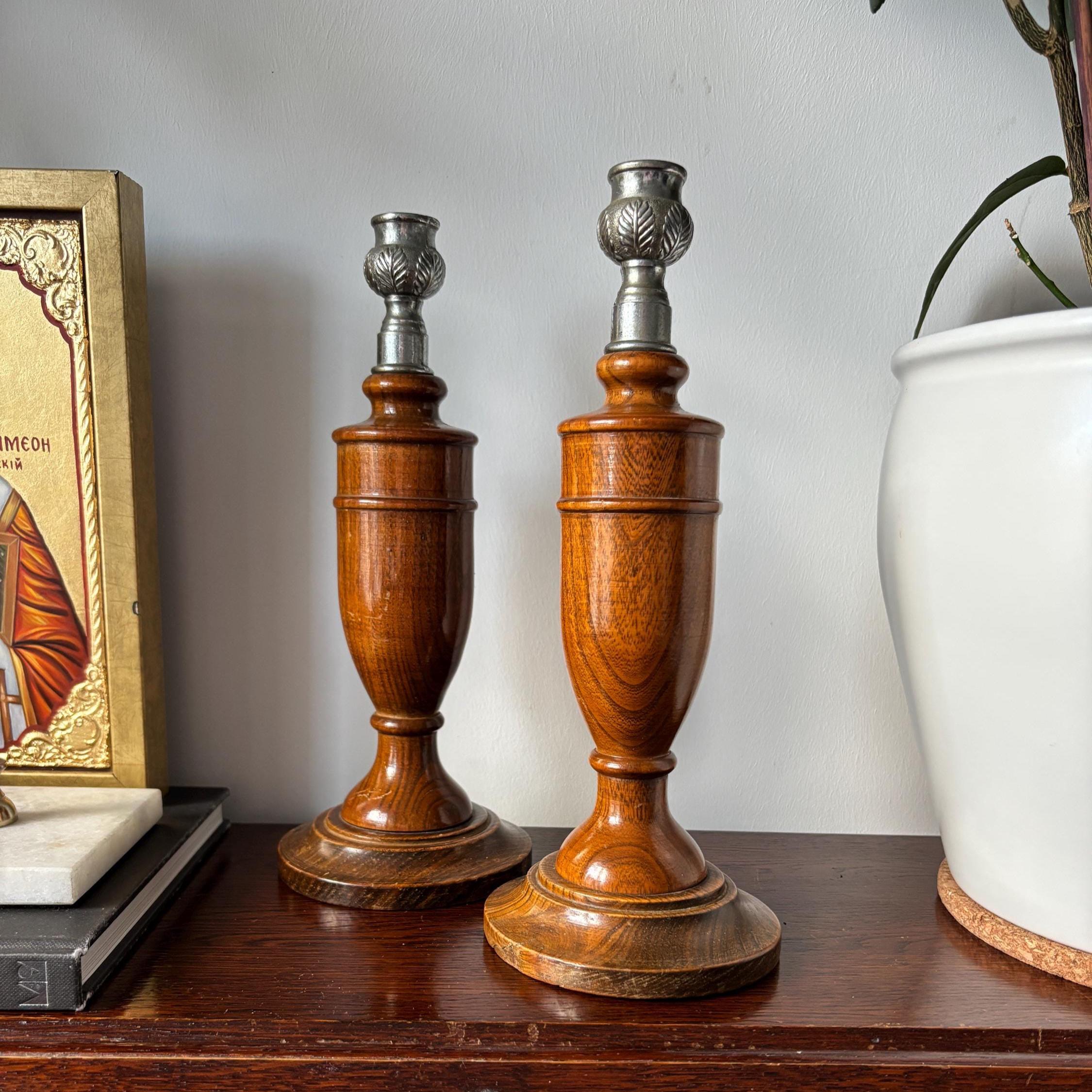 Vintage Wooden Candlesticks Pair, Turned Oak Candle Holders, Silver Tone Leaf Cups, Mantel Decor