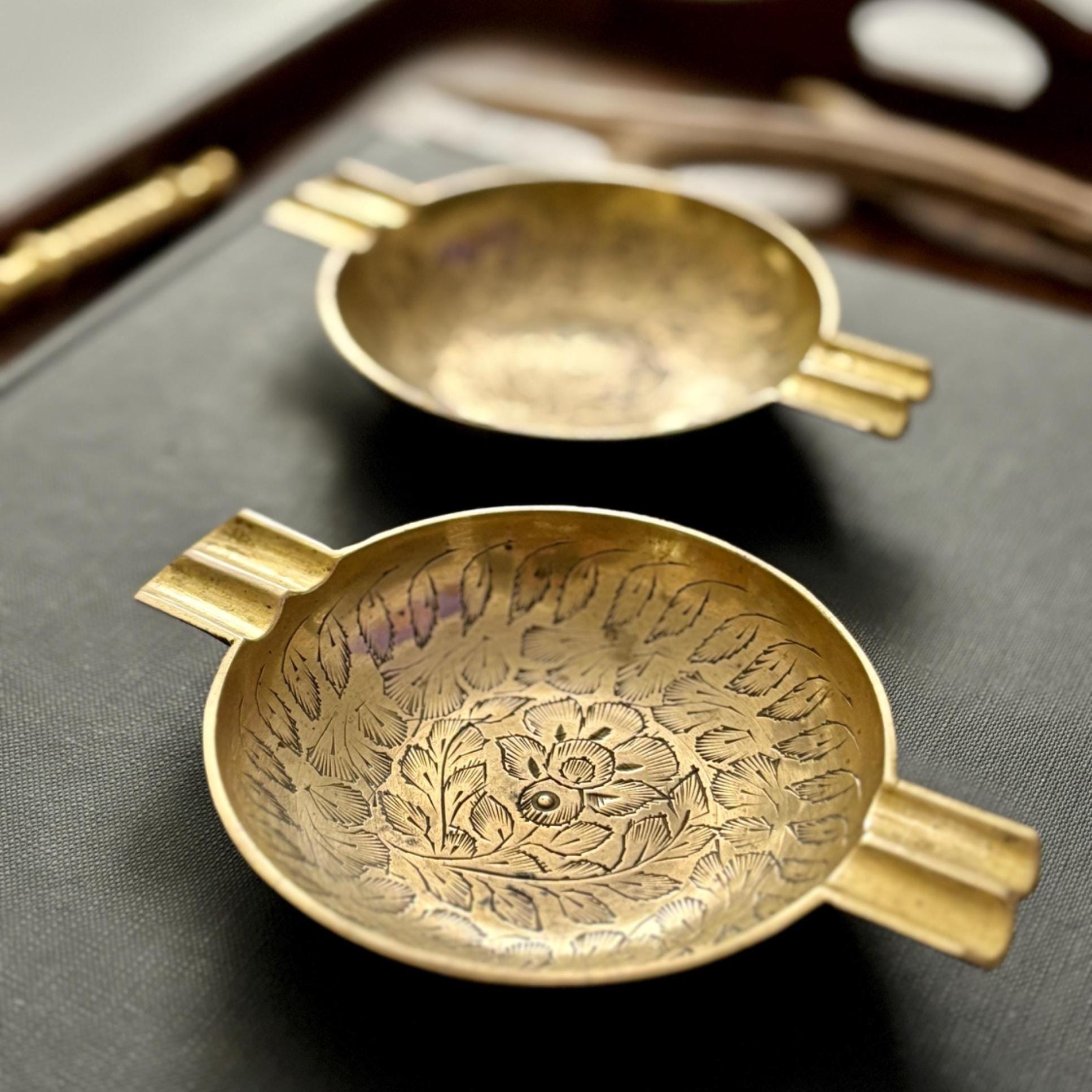 Vintage Hand Etched Brass Ashtray Pair: Indian Floral Ring Dish