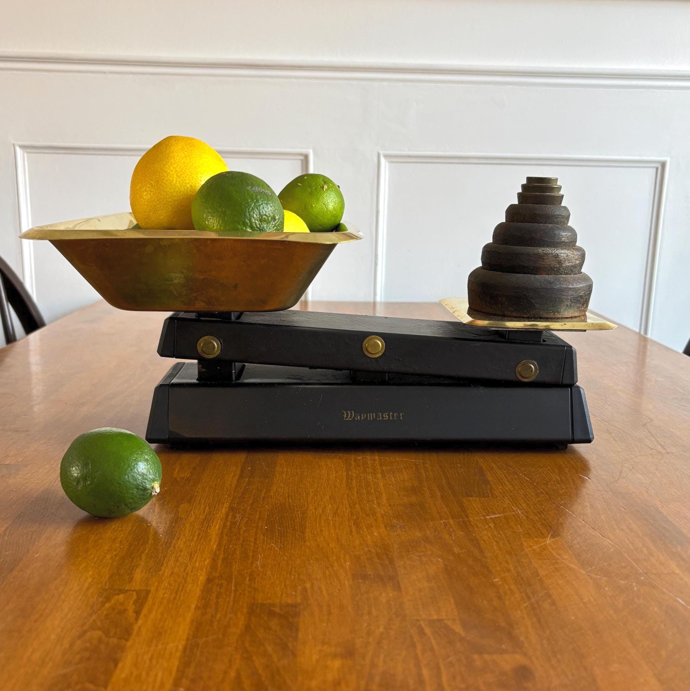 Vintage Waymaster Kitchen Scales with Brass Pan & 7 Original Weights