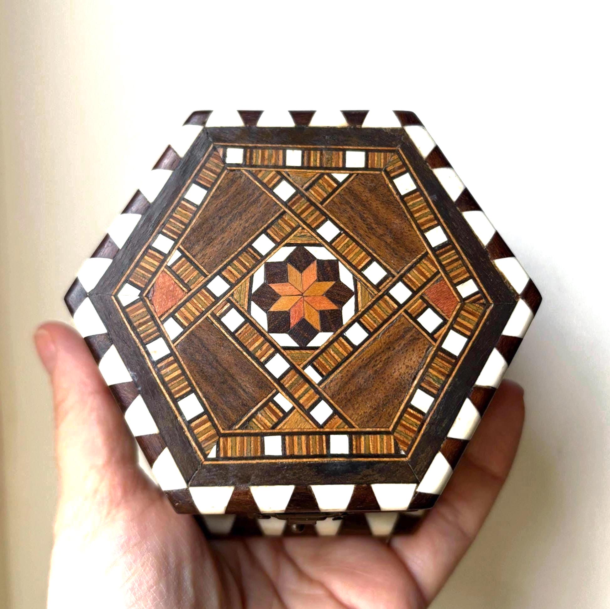 Vintage Spanish Marquetry Jewelry Box Tossa de Mar Costa Brava Wood Mosaic Hexagon