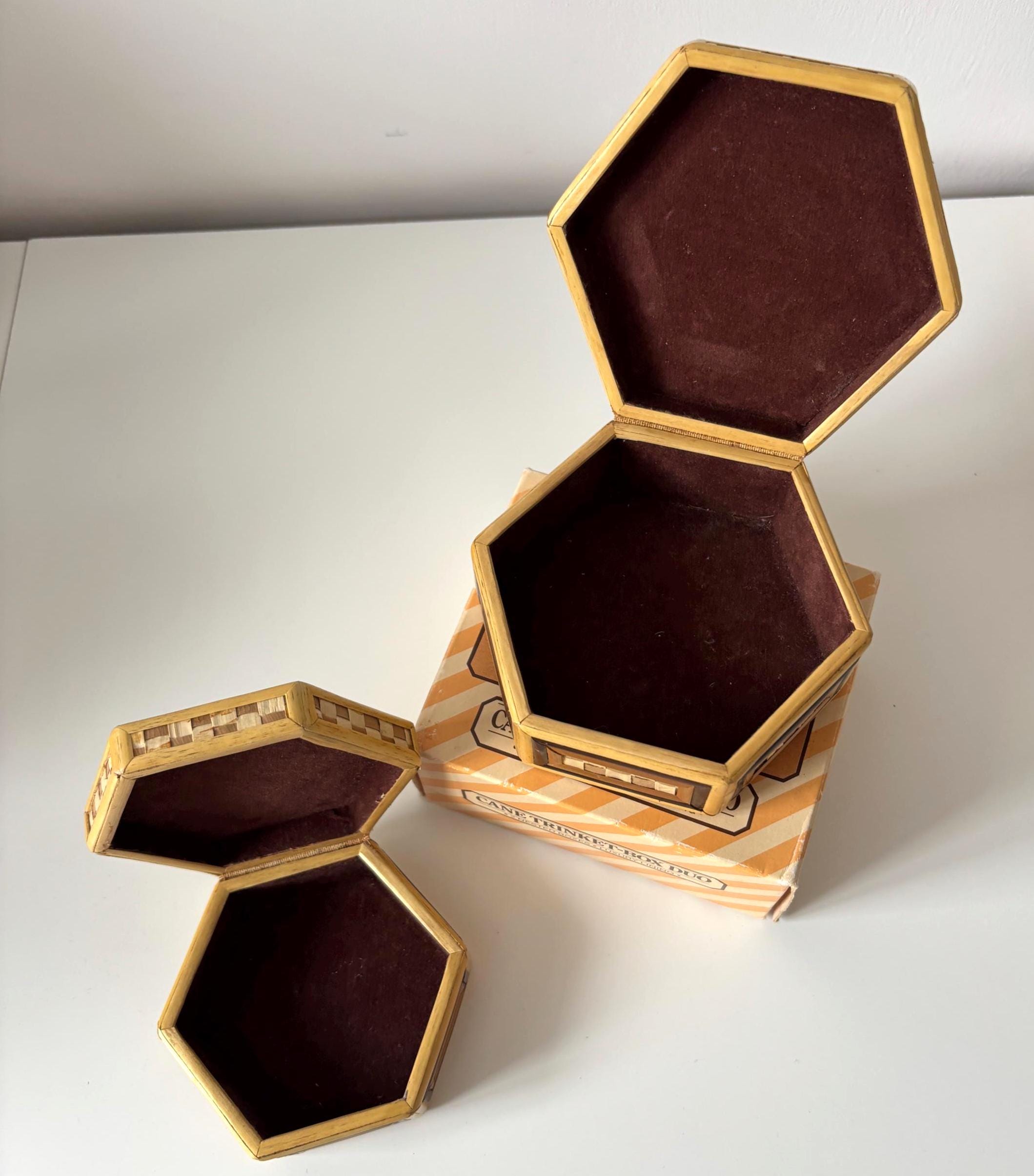 Vintage Cane Trinket Box Duo With Original Box And Velvet Lining
