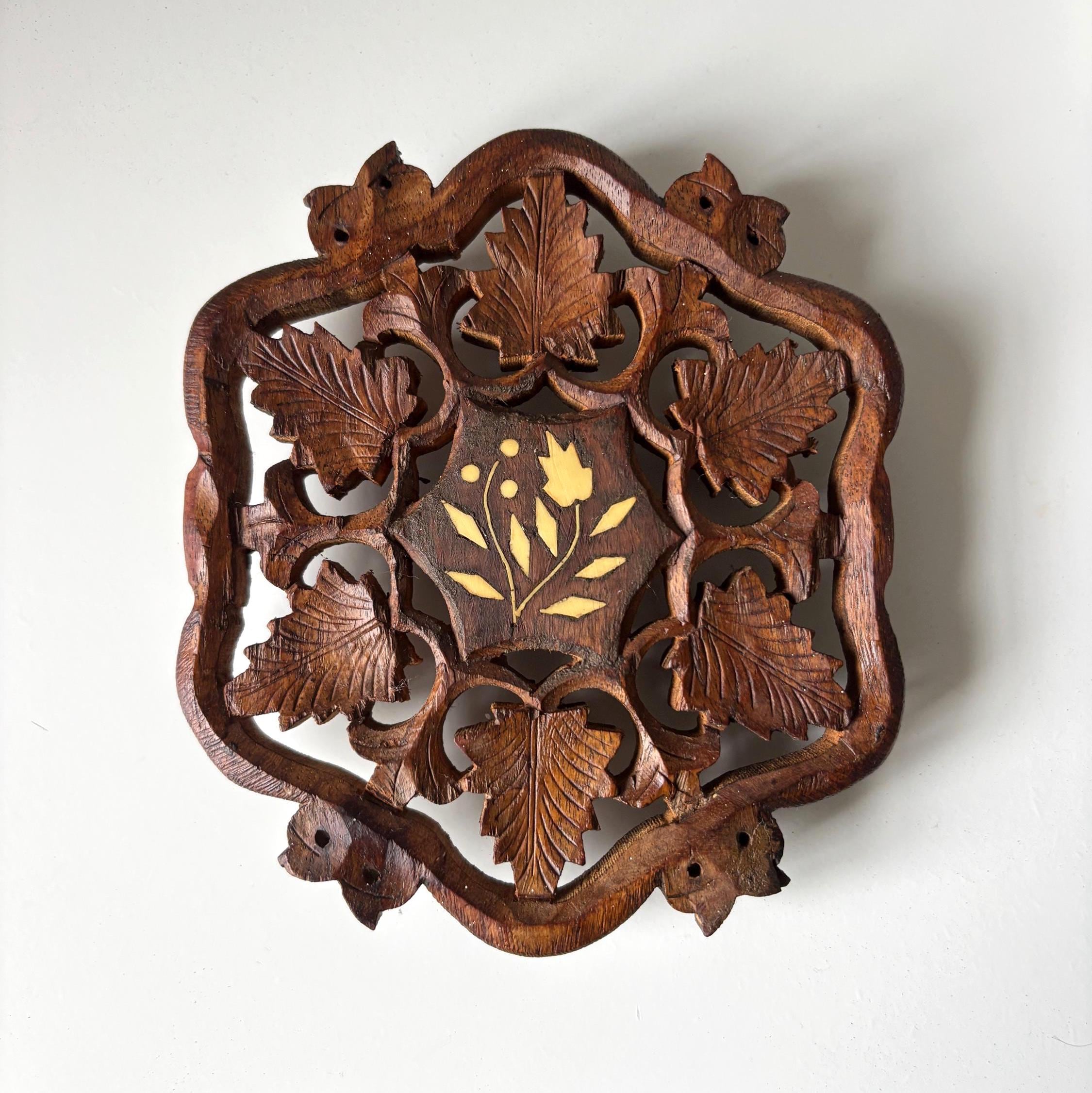 Vintage Hand Carved Wooden Trivet With Bone Inlay Grapevine Leaf Pot Stand Decor