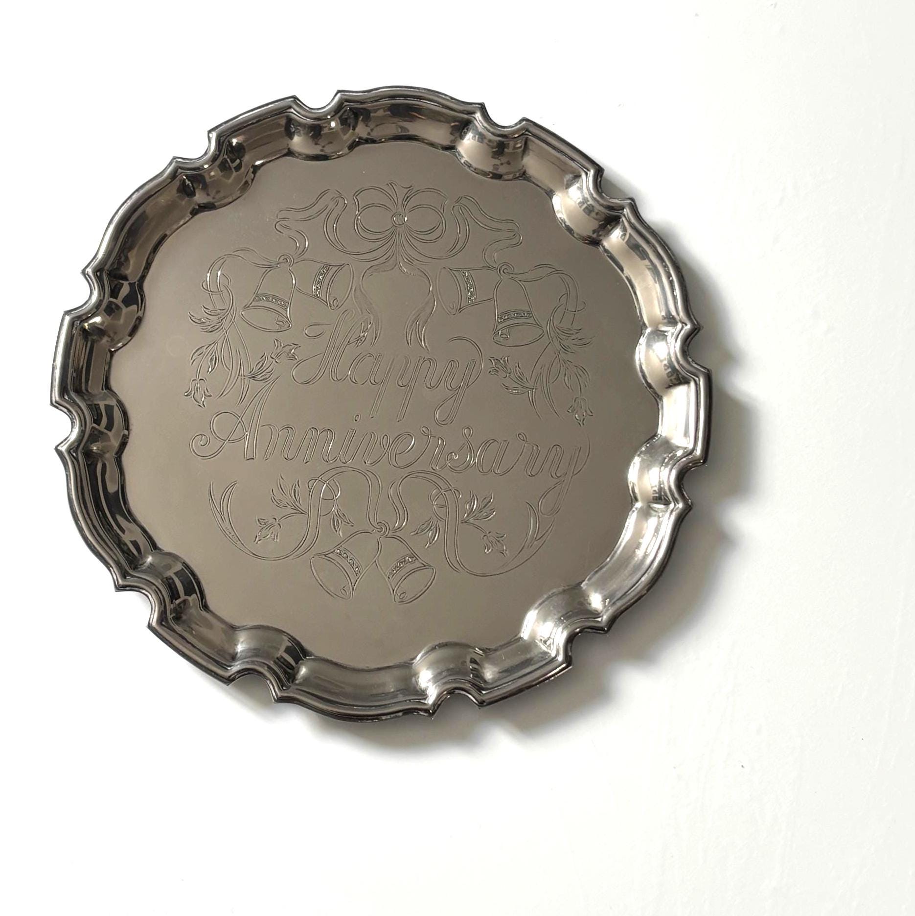 Vintage Cavalier Silver Plated Happy Anniversary Tray – Made in England – Decorative Wedding Bells Tray