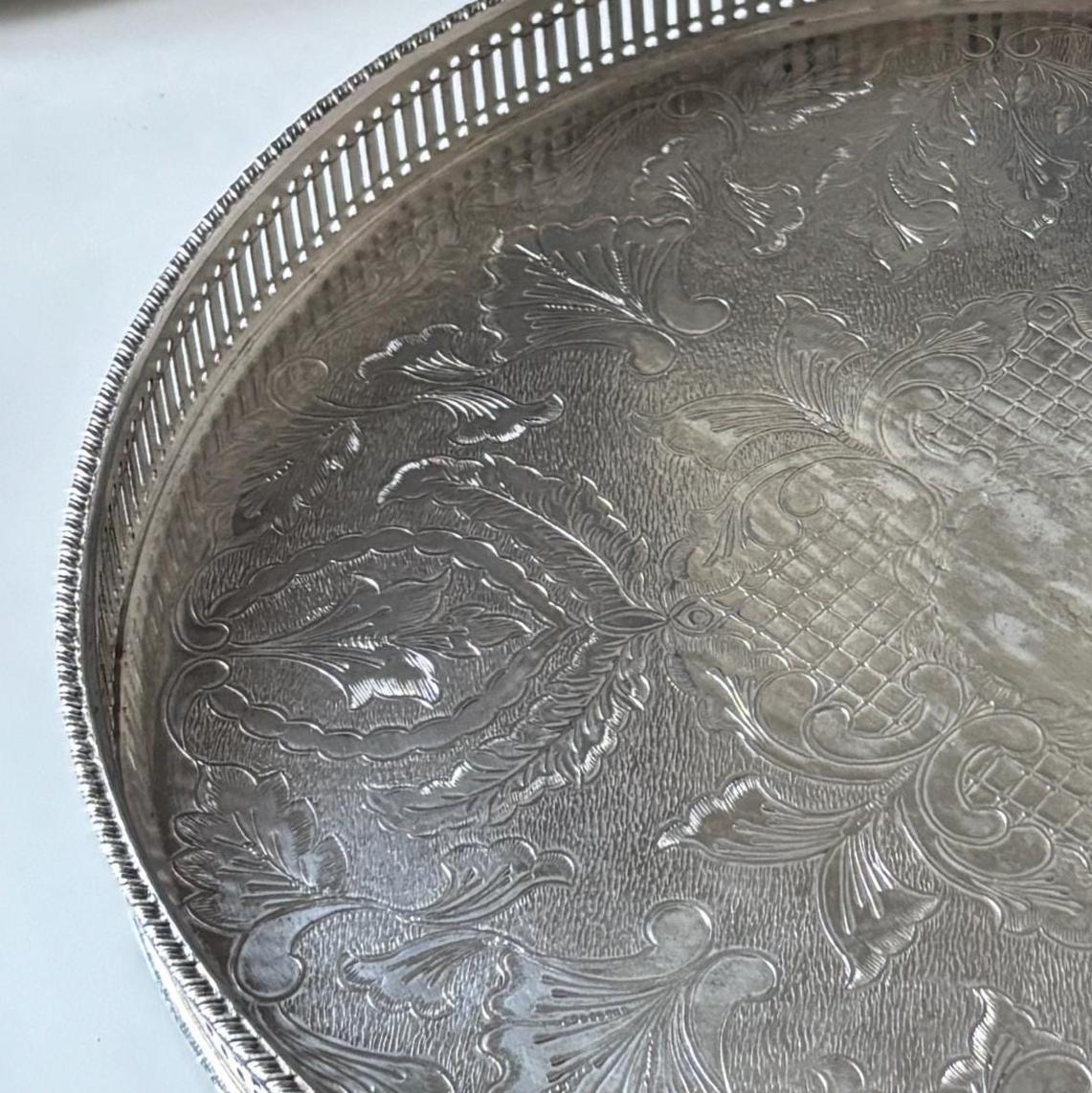 Vintage English Silver Plate on Copper Gallery Tray Ornate Round Serving Tray