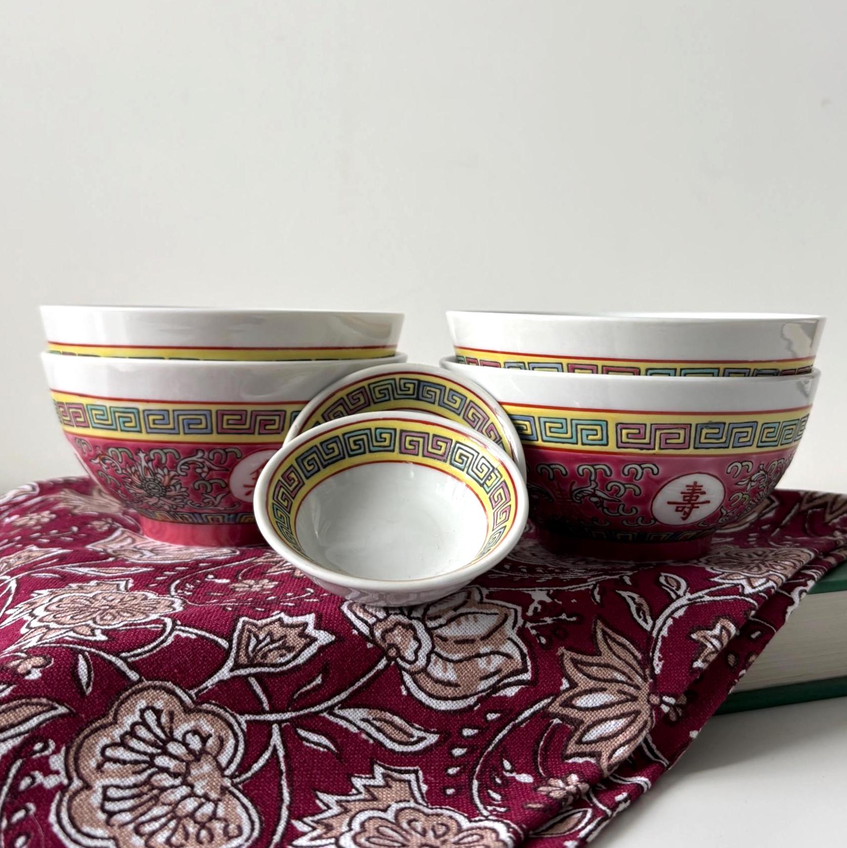 Vintage Jingdezhen Longevity Rice Bowl Set Chinese Restaurant Ware