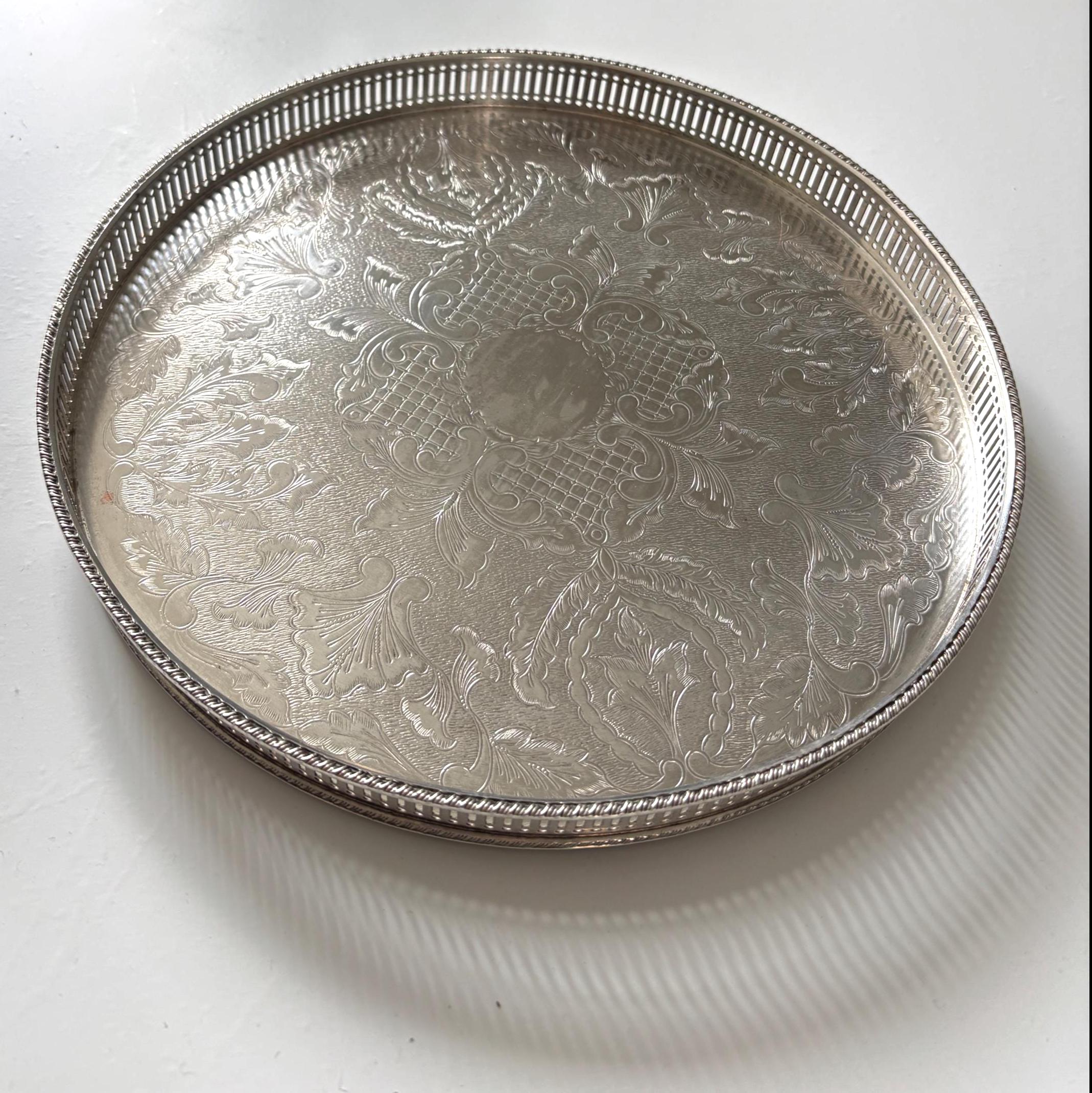 Vintage English Silver Plate on Copper Gallery Tray Ornate Round Serving Tray