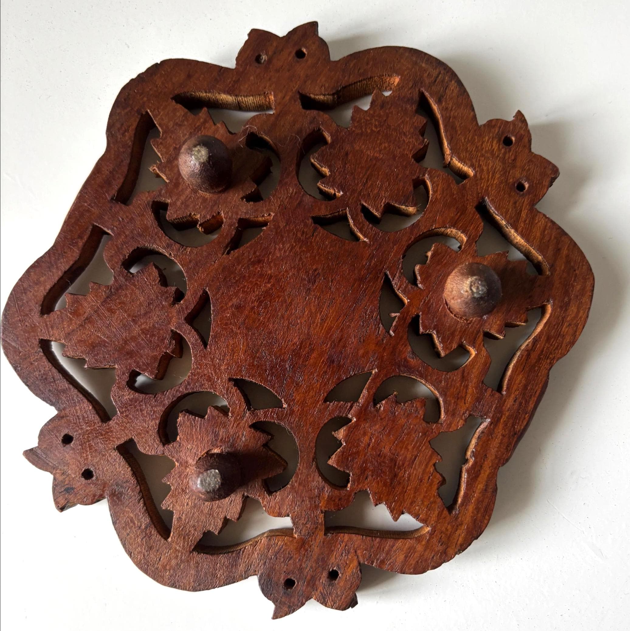 Vintage Hand Carved Wooden Trivet With Bone Inlay Grapevine Leaf Pot Stand Decor