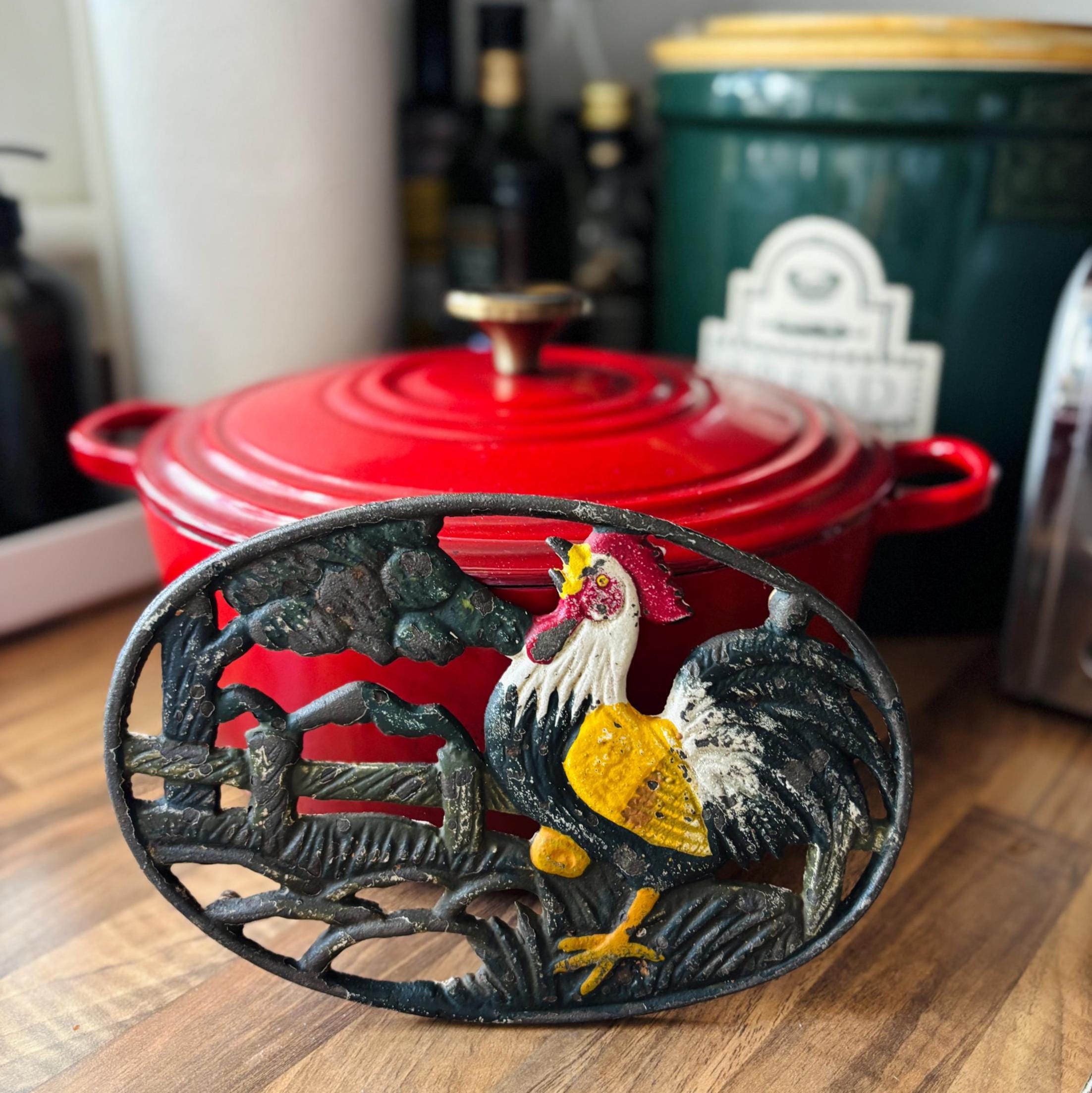 Vintage Cast Iron Rooster Trivet Farmhouse Kitchen Decor Rustic Pan Stand Country Style