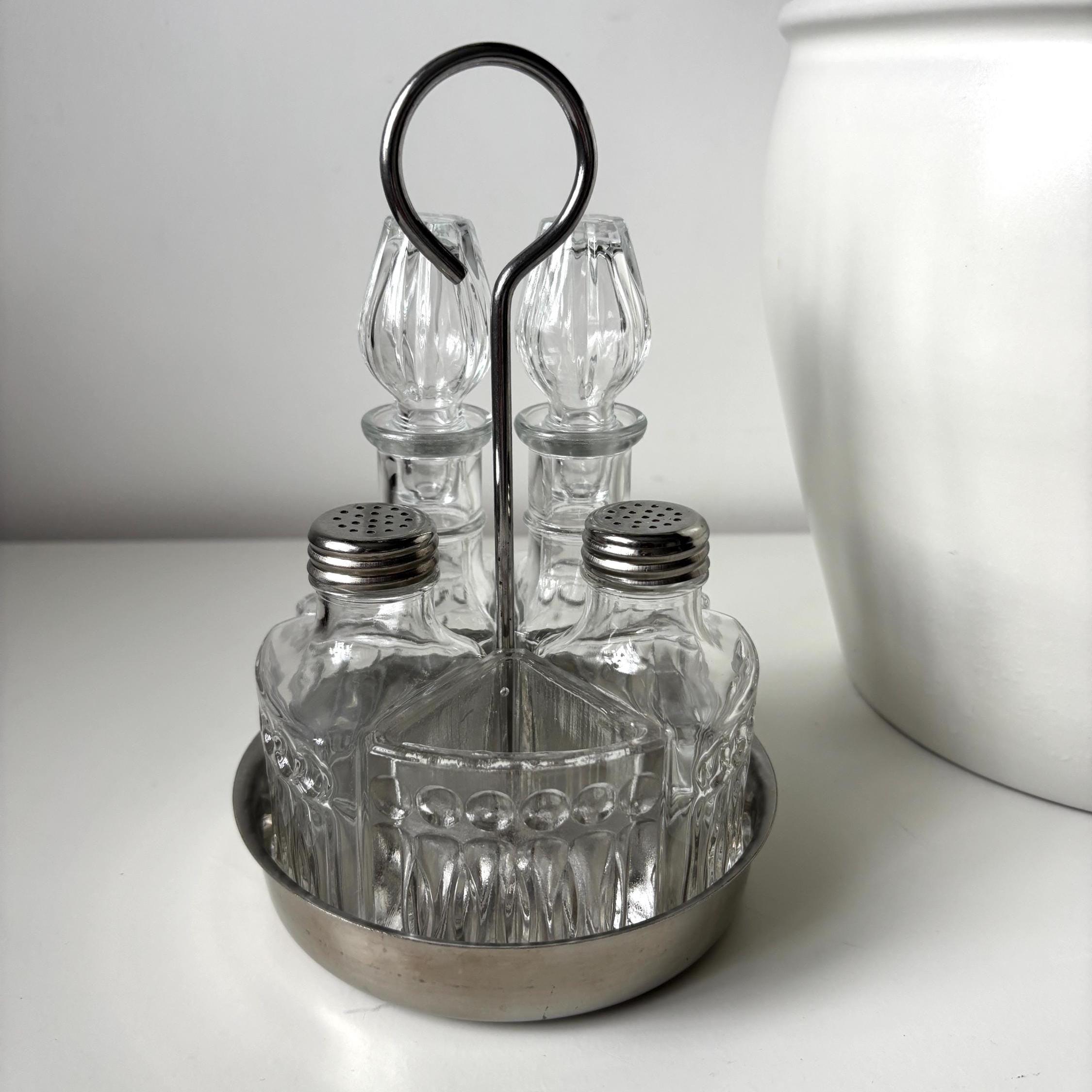 Vintage 5pc Cruet Set INOX 18/8 Stand Oil Vinegar Salt Pepper Toothpick Holder