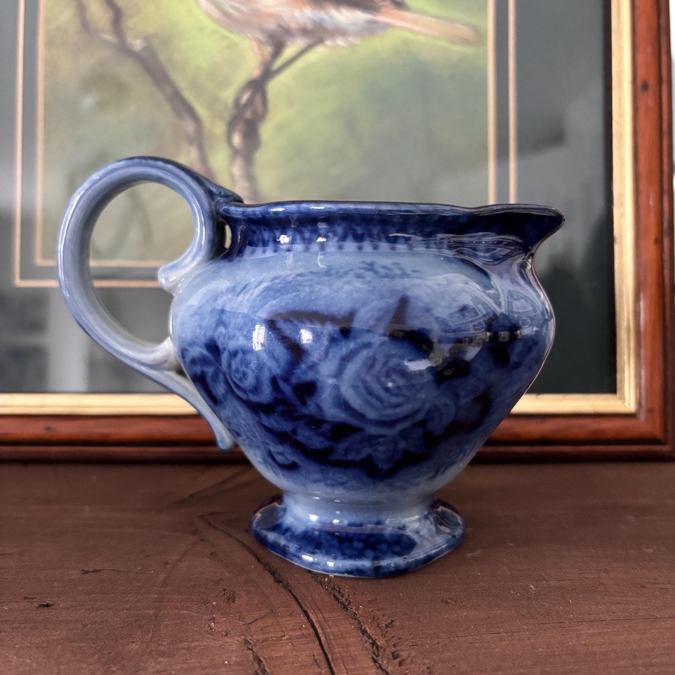 Vintage Blue and White Pottery Creamer Jug, Flow Blue Style Pedestal Milk Pitcher Floral
