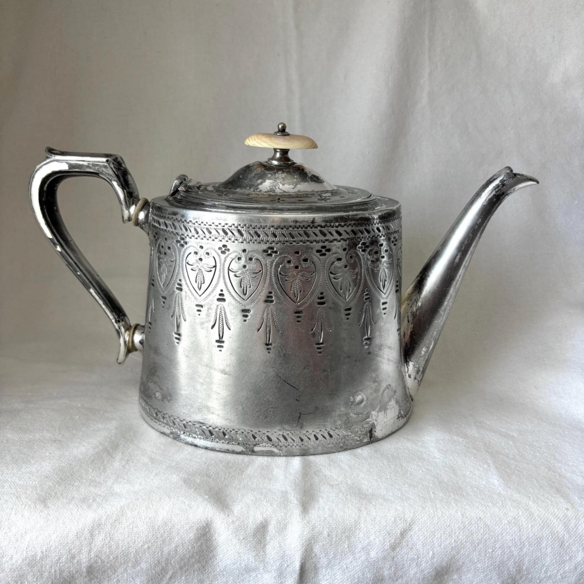 Vintage Silver Plated Teapot: Victorian Engraved Design, Bone Finial