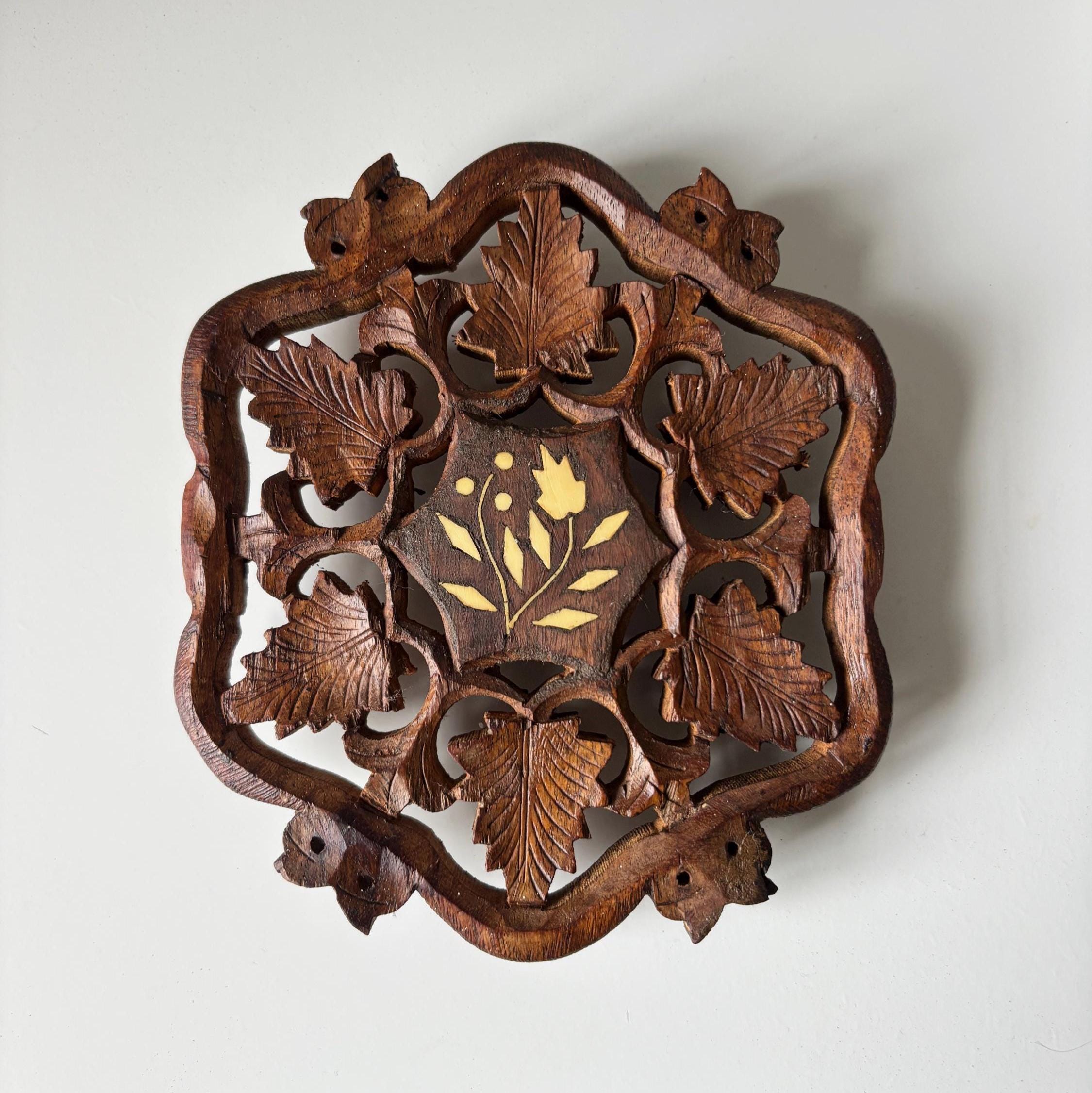Vintage Hand Carved Wooden Trivet With Bone Inlay Grapevine Leaf Pot Stand Decor