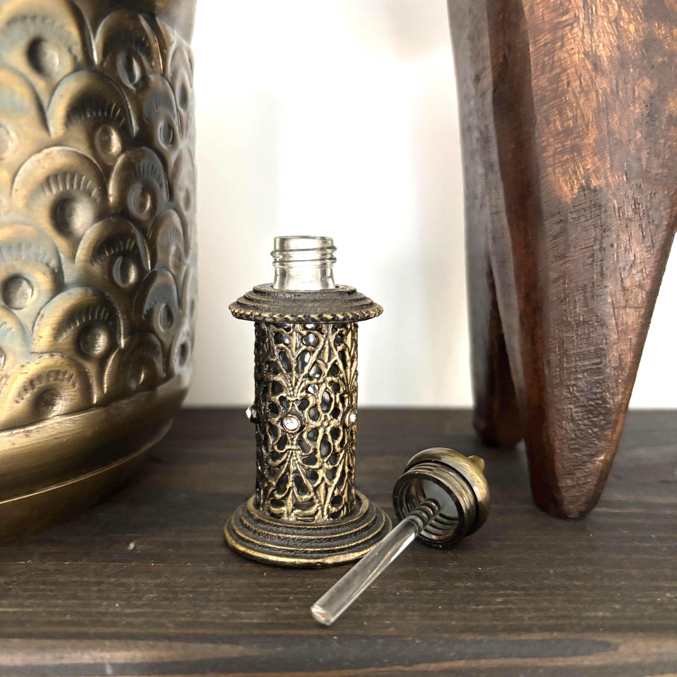 Indian Mini Attar Perfume Bottle Filigree Brass Tone Dabber Wand Rhinestones