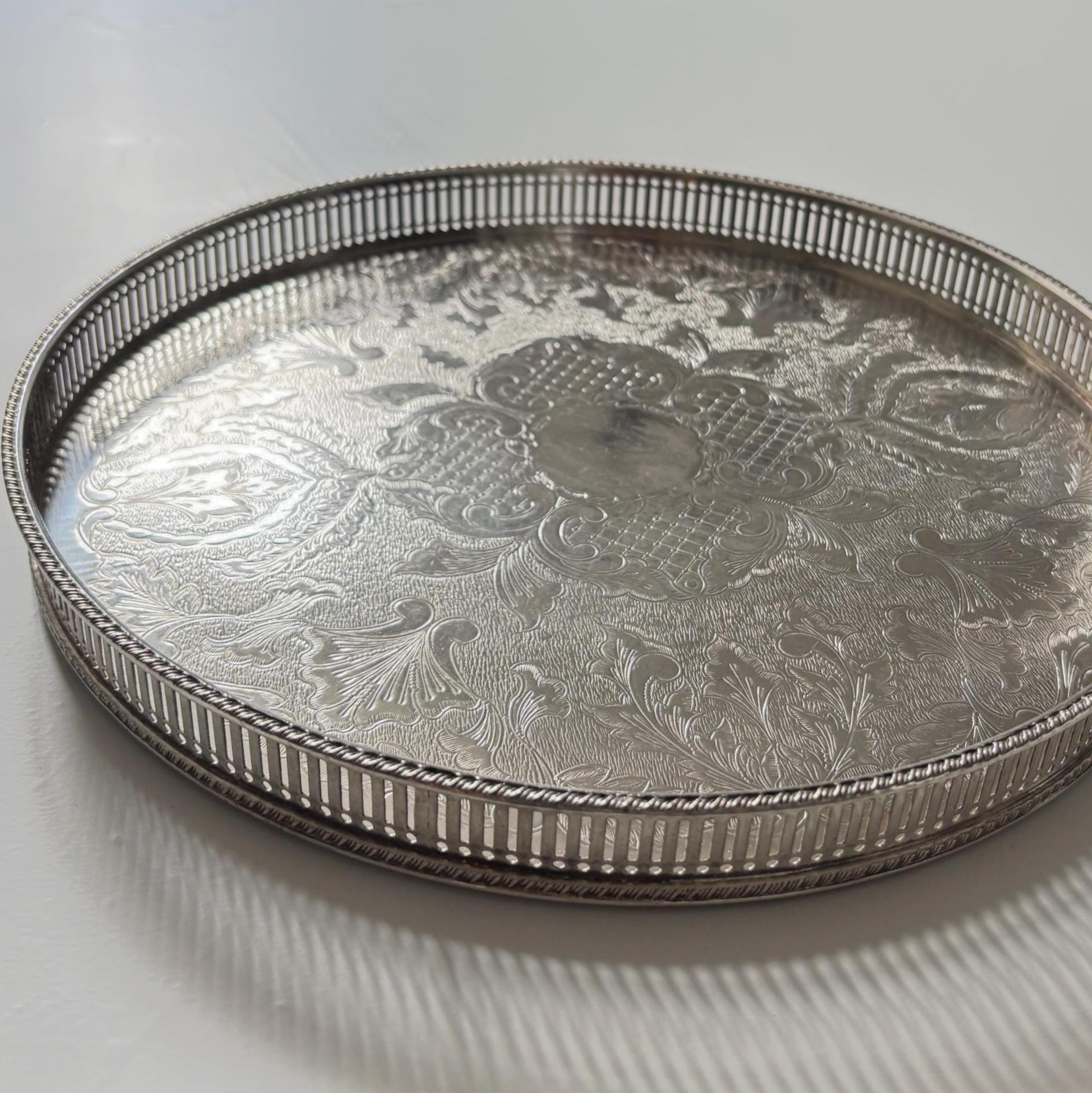 Vintage English Silver Plate on Copper Gallery Tray Ornate Round Serving Tray
