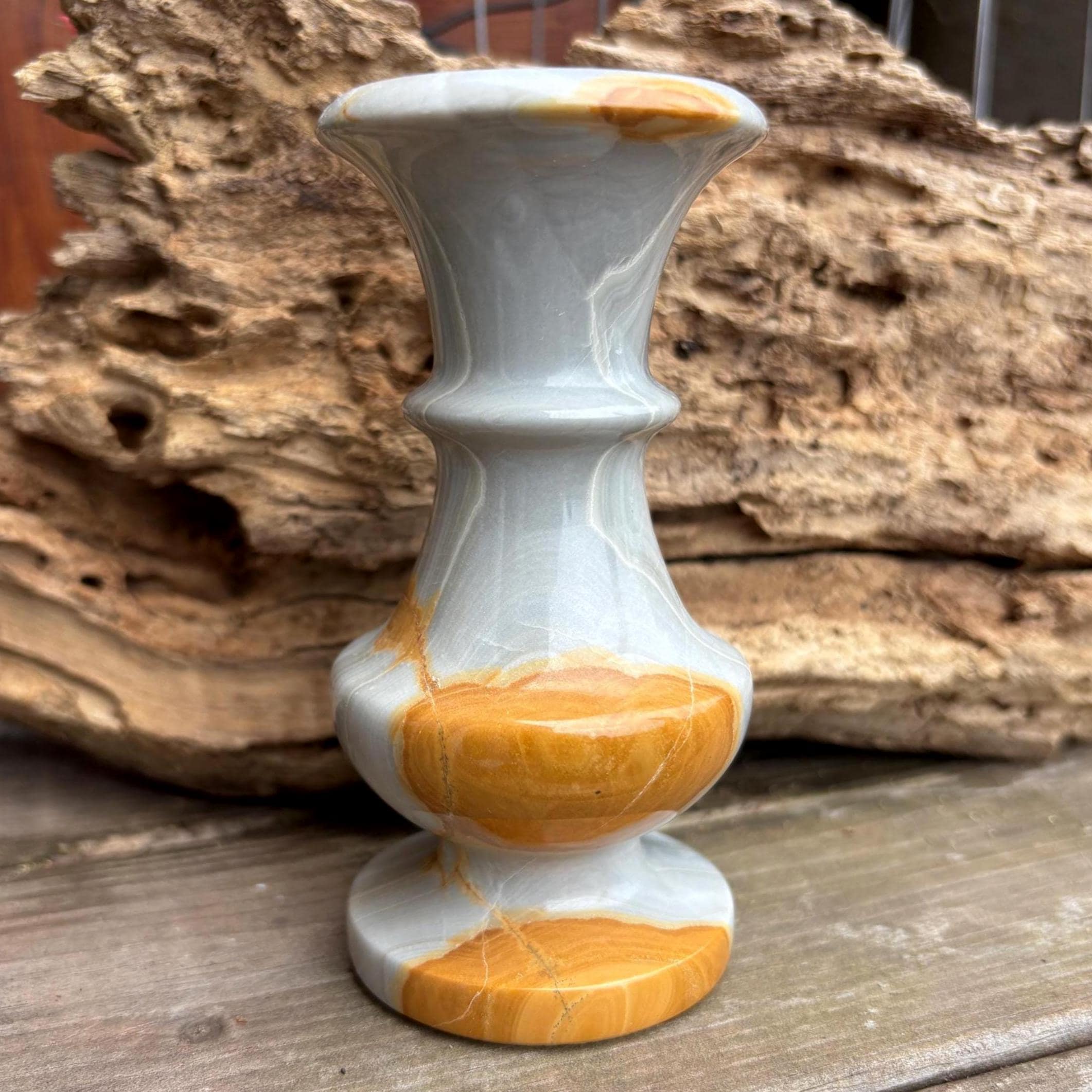 Hand-Carved Onyx Bud Vase: Grey & Amber Turkish Stone