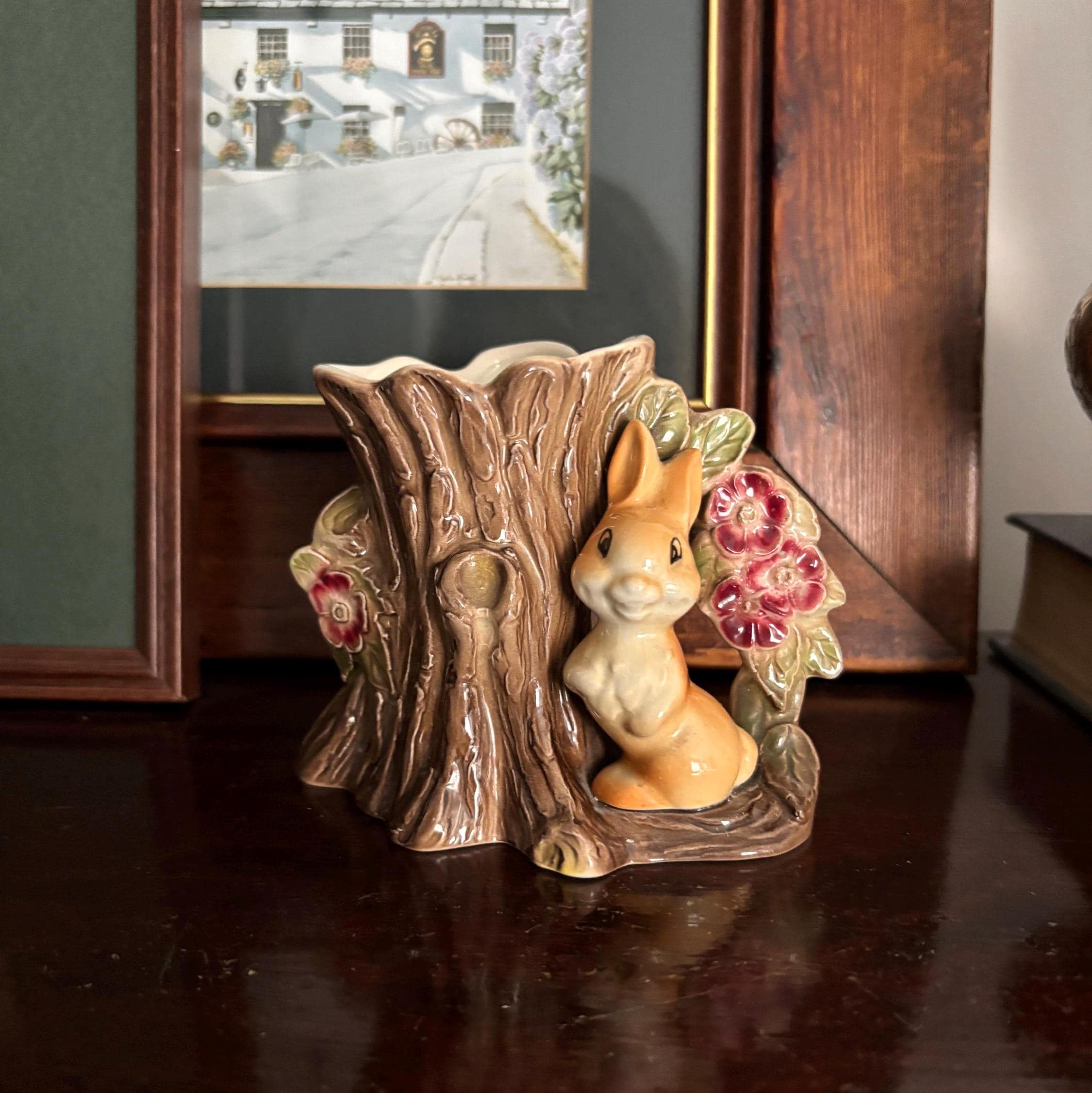 Vintage Hornsea Pottery Fauna Woodland Rabbit Vase Planter – Bunny Tree Stump Posy Holder