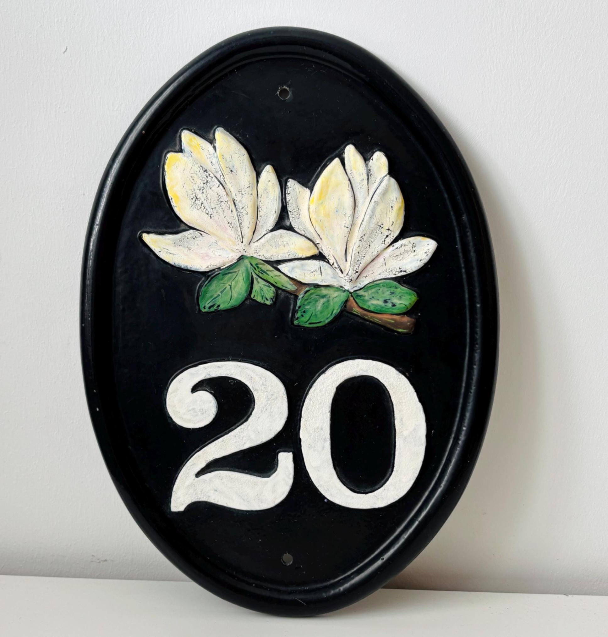 Cast Iron House Number Plaque: Black Oval Sign with White Magnolias