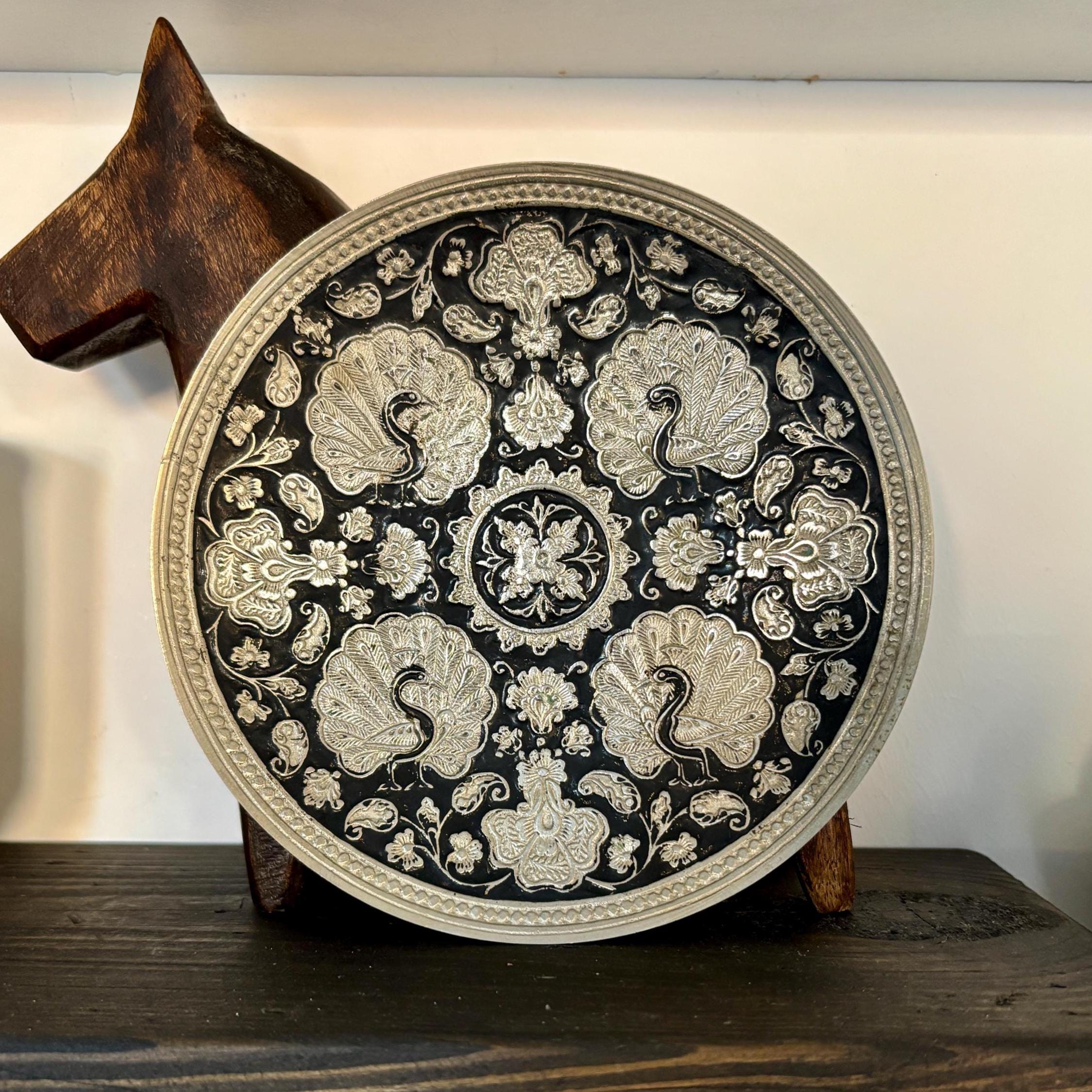 Vintage Silver & Black Peacock Wall Plate | Embossed Metal Hanging Tray, Boho Wall Decor