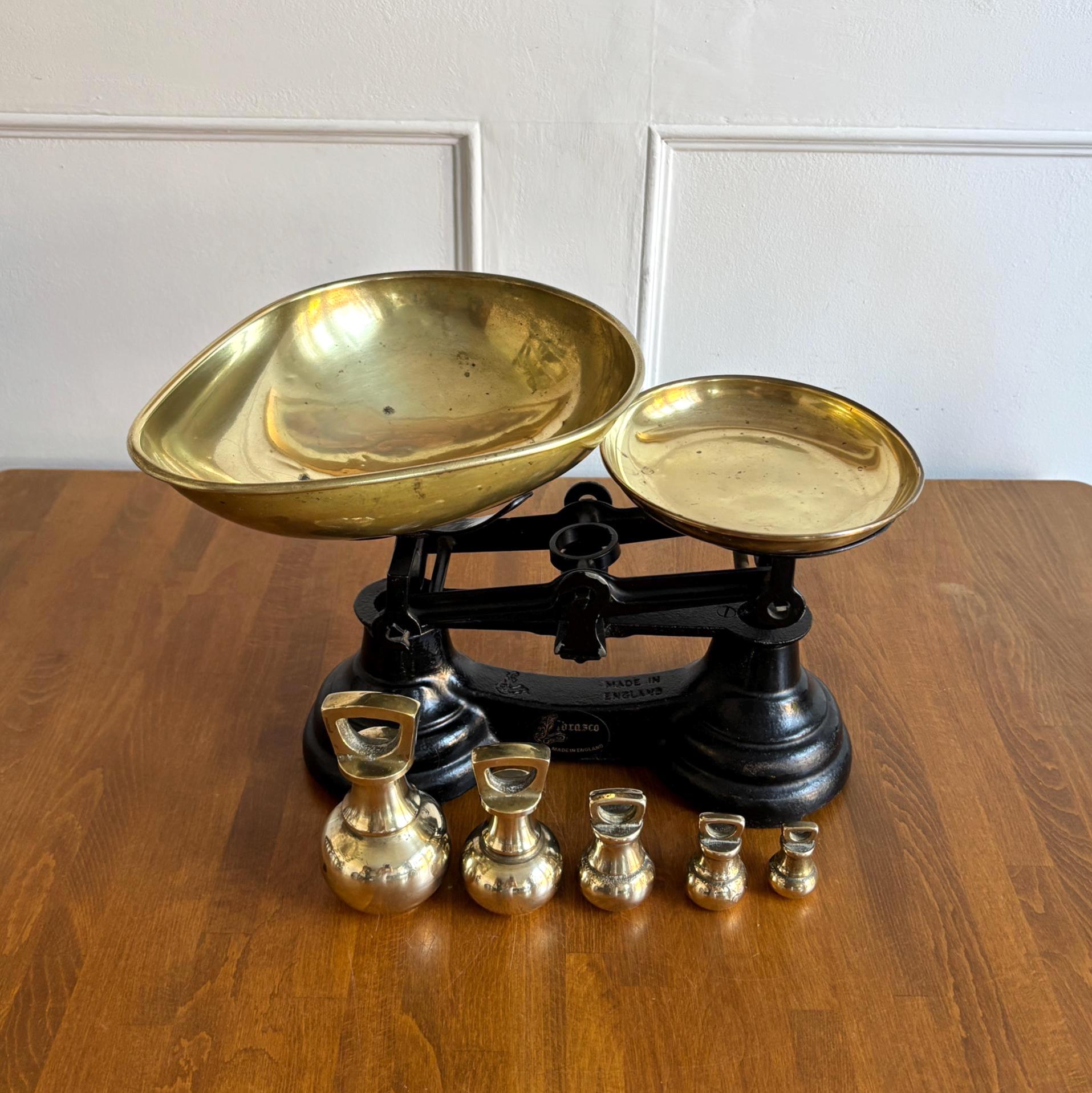 Vintage Librasco Brass Kitchen Scales With Original Weights English Farmhouse Kitchenalia Decor