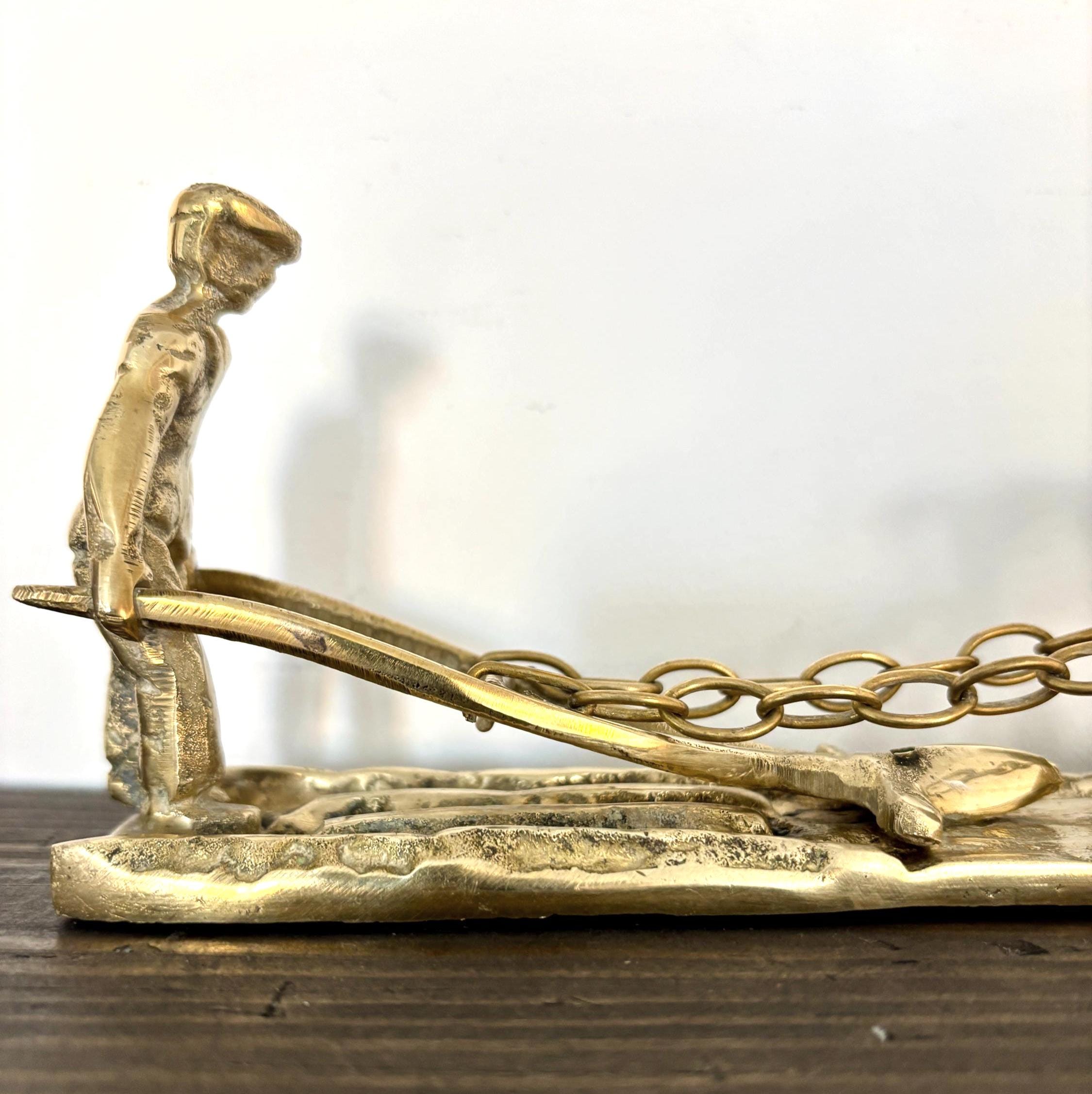 Vintage Solid Brass Horse Plough Sculpture Rustic Farm Decor Country Home Figurine